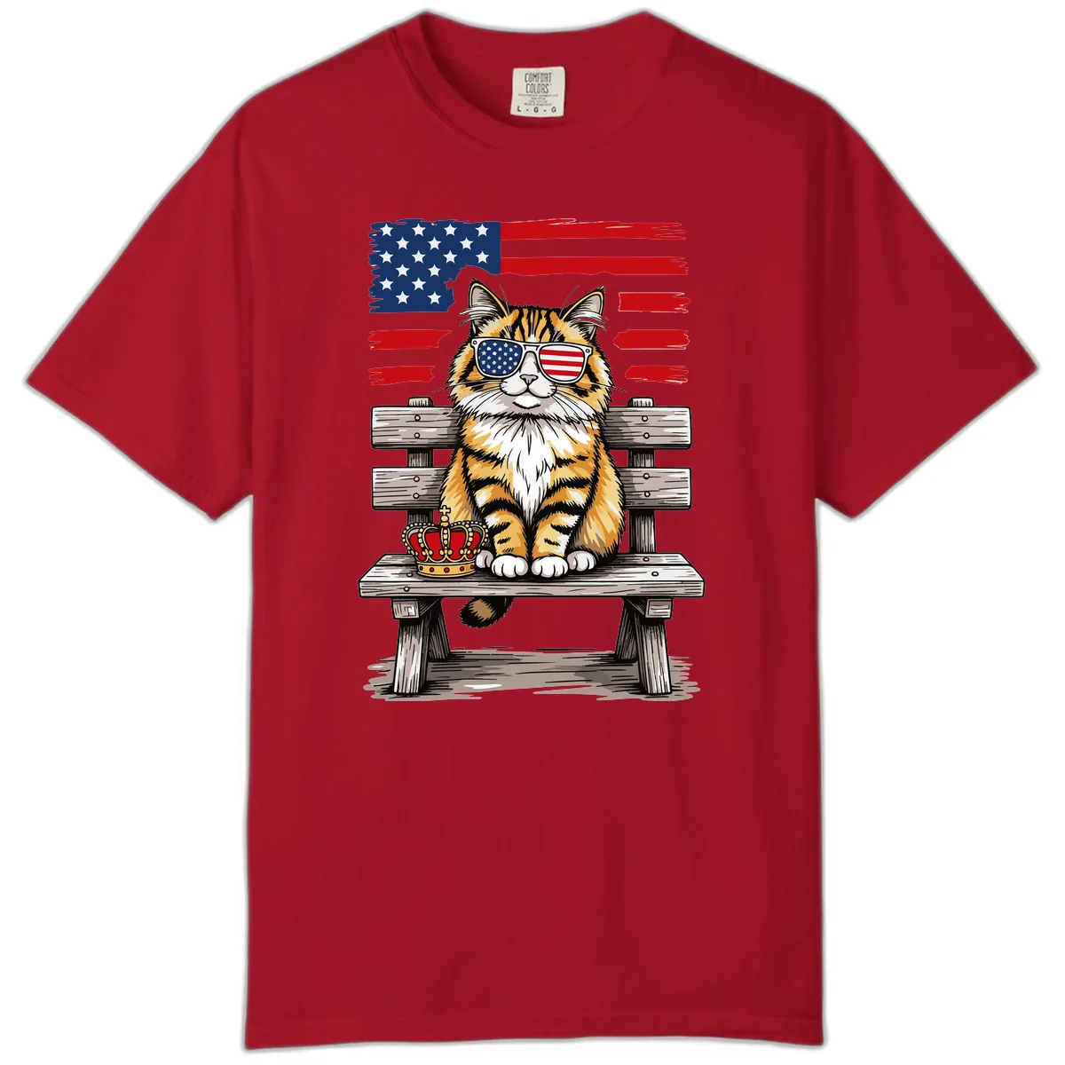 Patriotic Tabby Cat with Crown and American Flag Comfort Color in Red