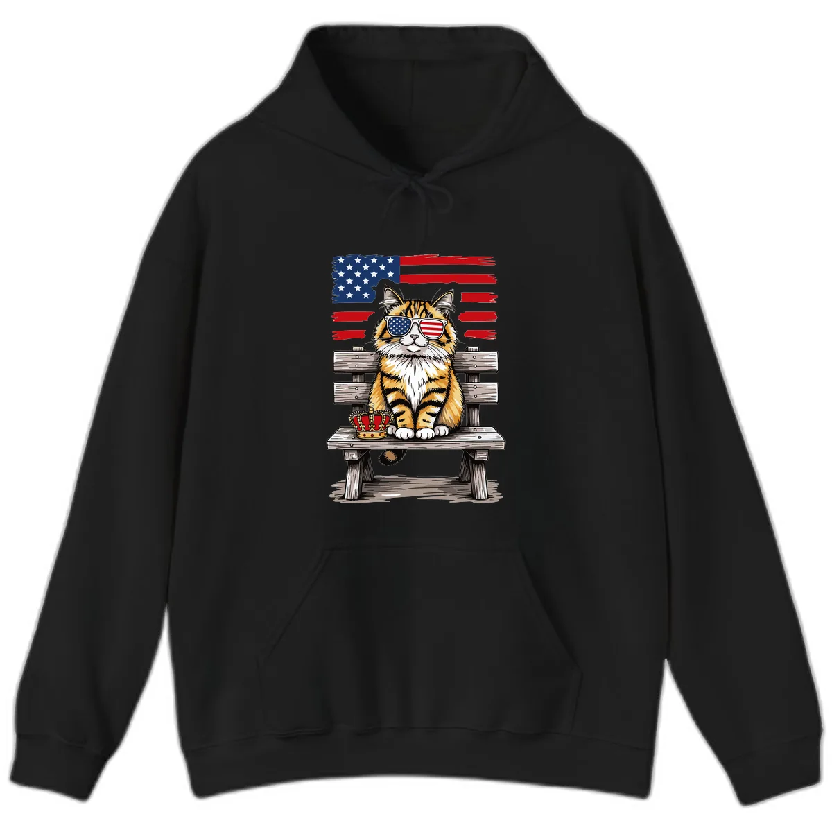 Patriotic Tabby Cat with Crown and American Flag Hoodie in Black