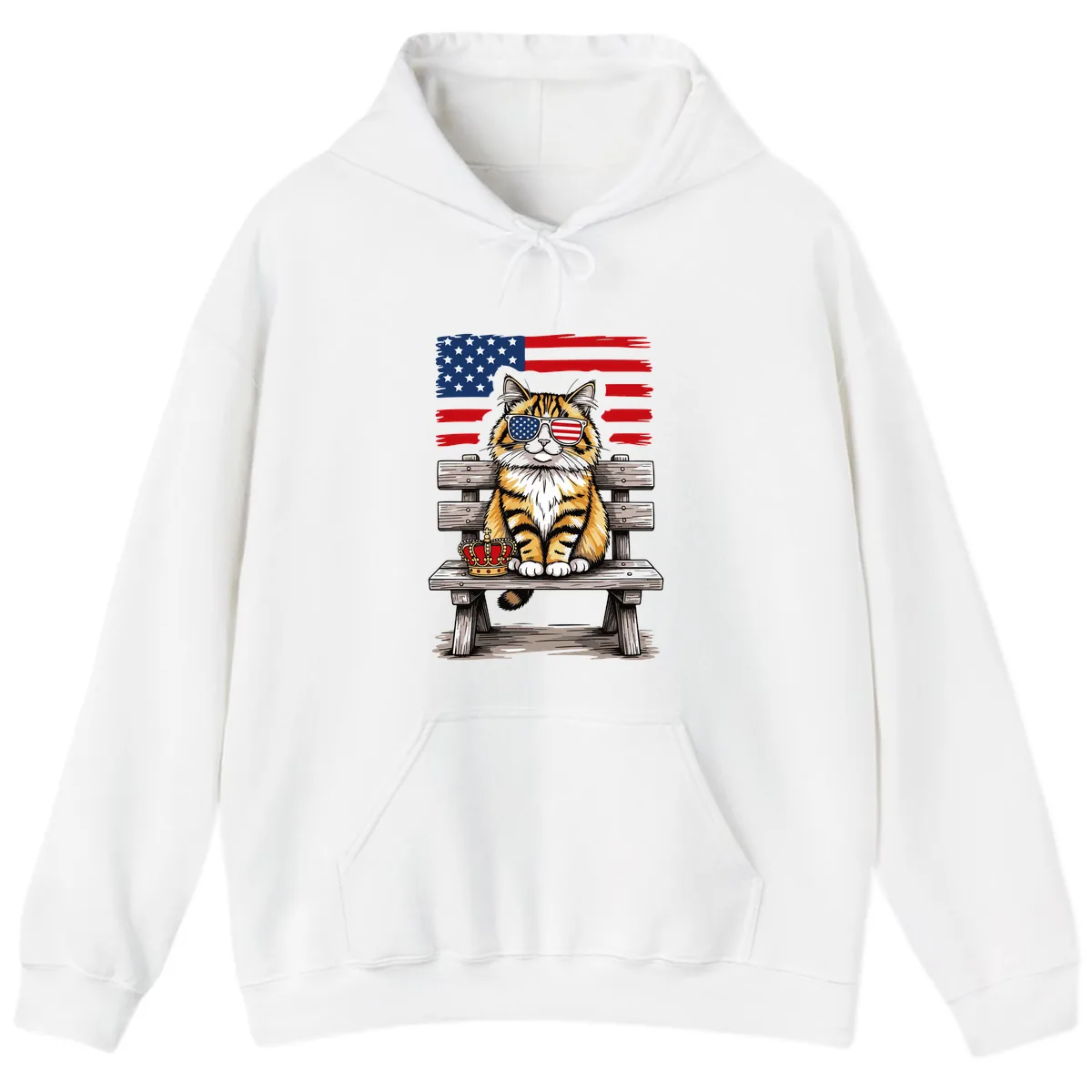 Patriotic Tabby Cat with Crown and American Flag Hoodie in White