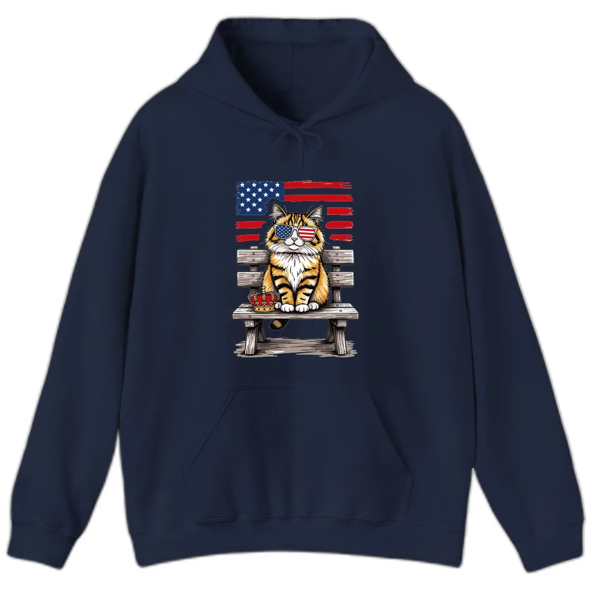 Patriotic Tabby Cat with Crown and American Flag Hoodie in Navy