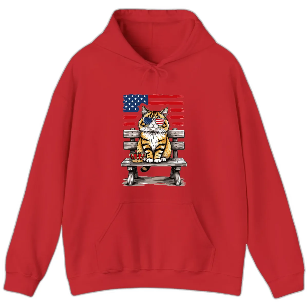 Patriotic Tabby Cat with Crown and American Flag Hoodie in Red