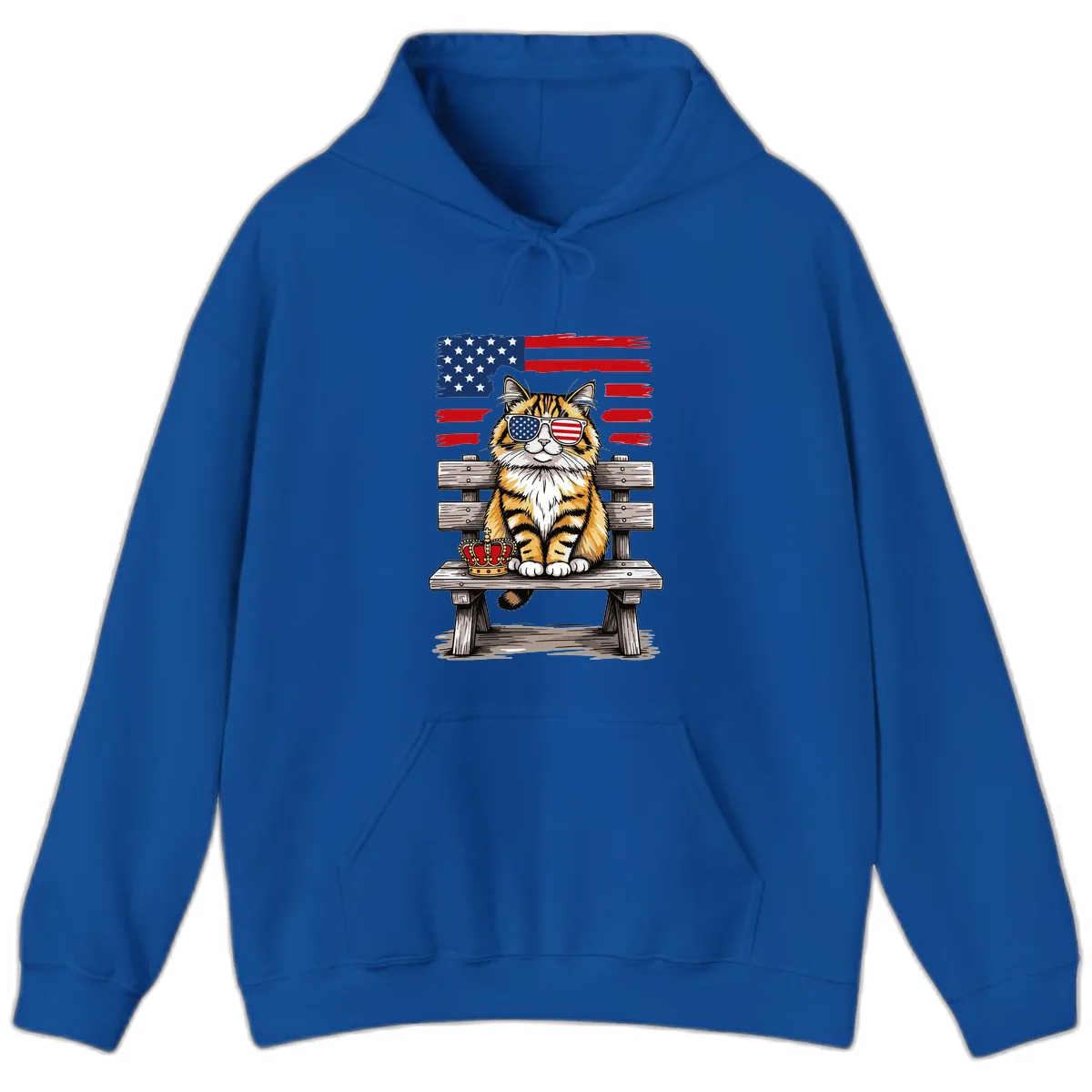 Patriotic Tabby Cat with Crown and American Flag Hoodie in Royal