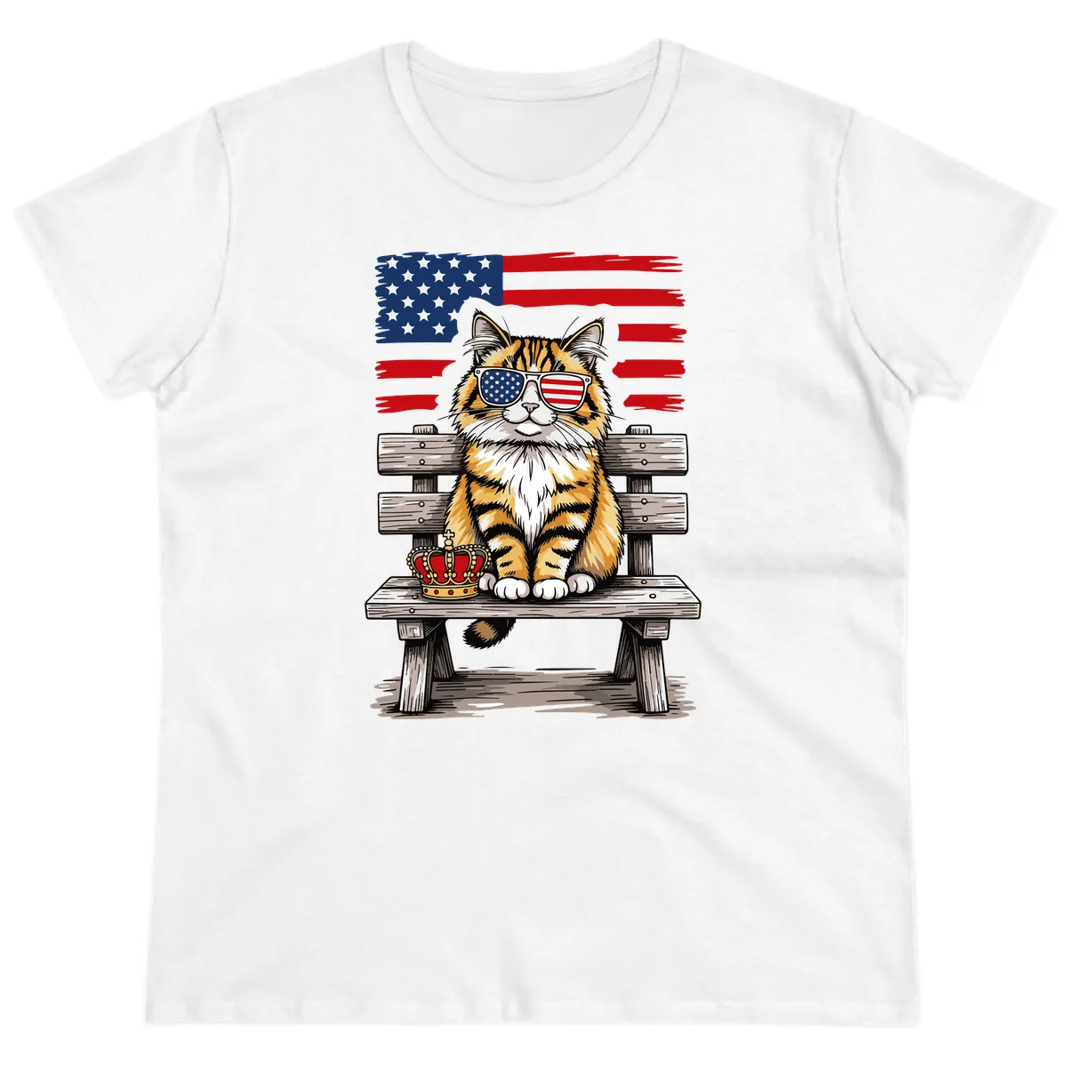 Patriotic Tabby Cat with Crown and American Flag Ladies Tee in White