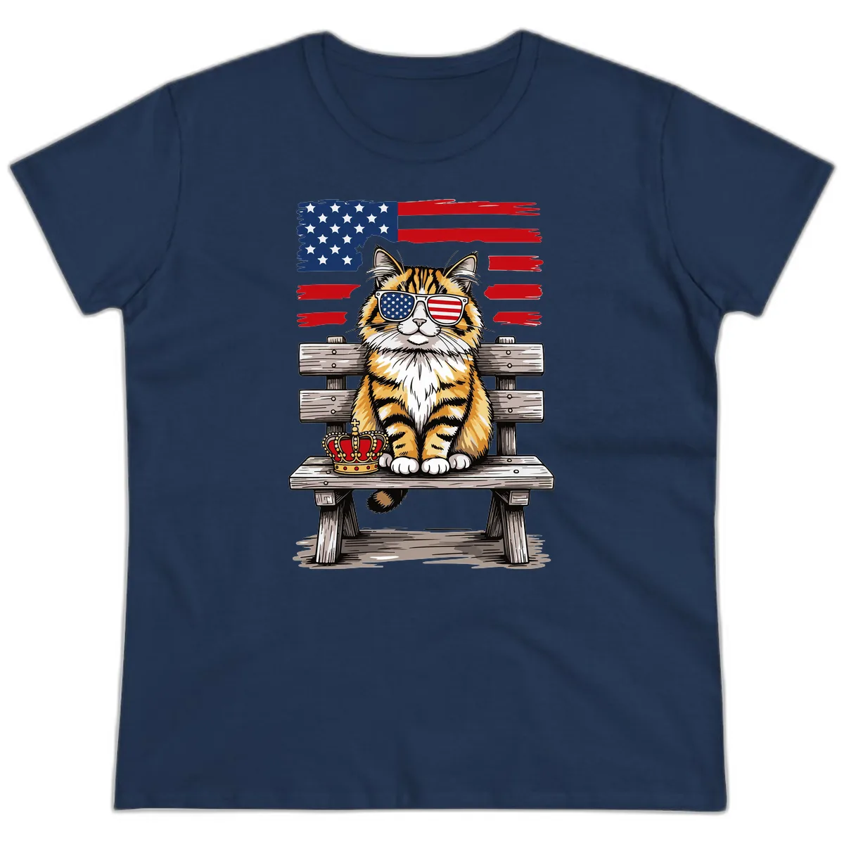 Patriotic Tabby Cat with Crown and American Flag Ladies Tee in Navy