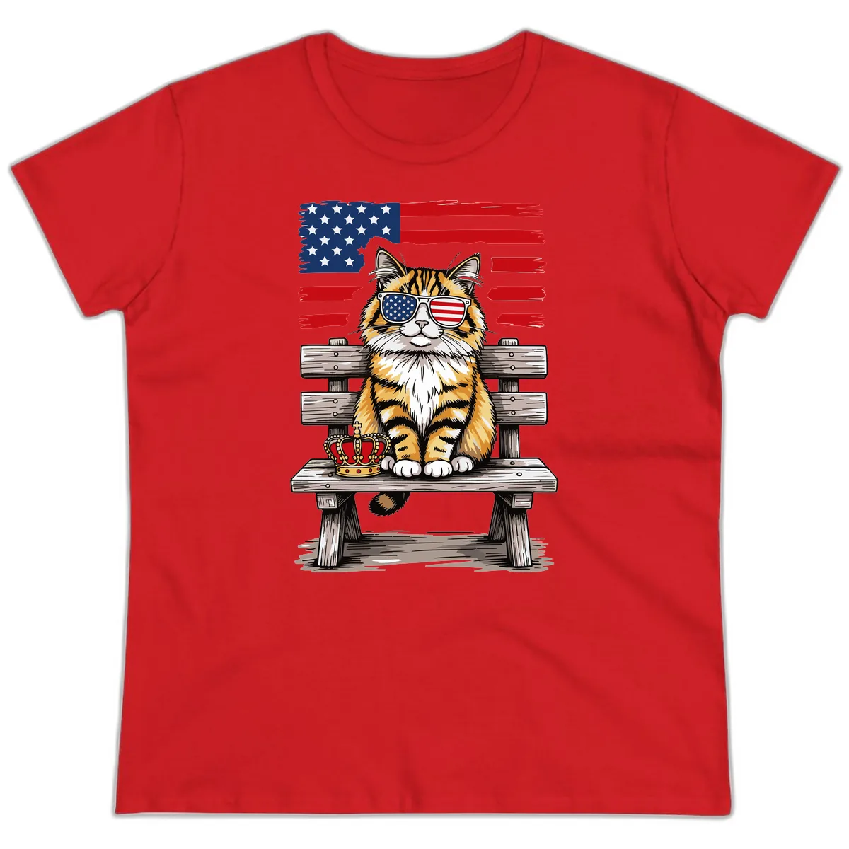 Patriotic Tabby Cat with Crown and American Flag Ladies Tee in Red