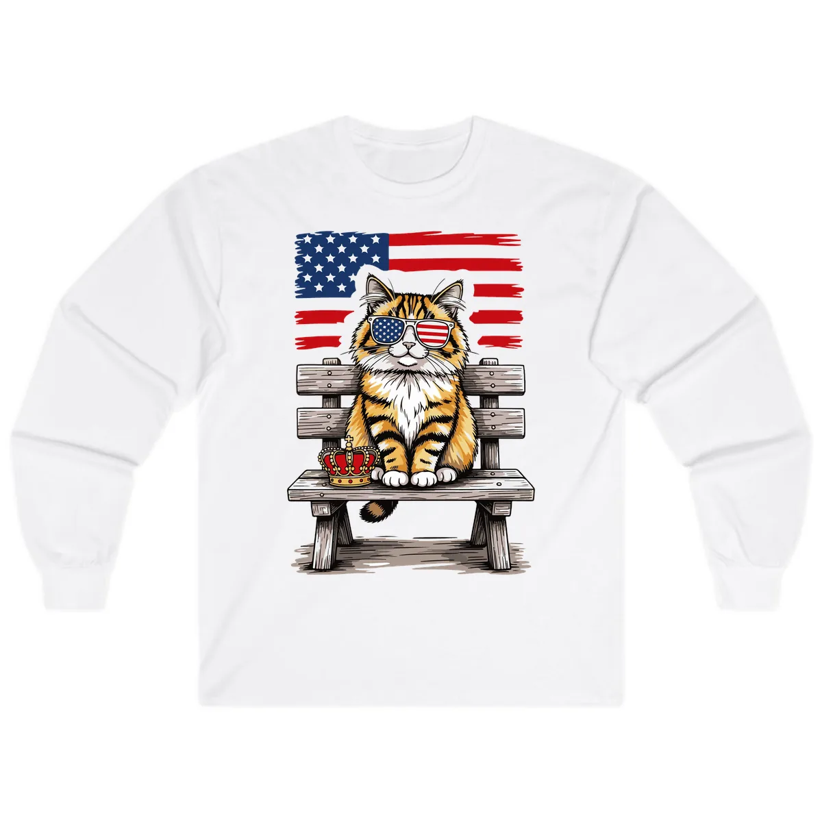 Patriotic Tabby Cat with Crown and American Flag Long Sleeve in White