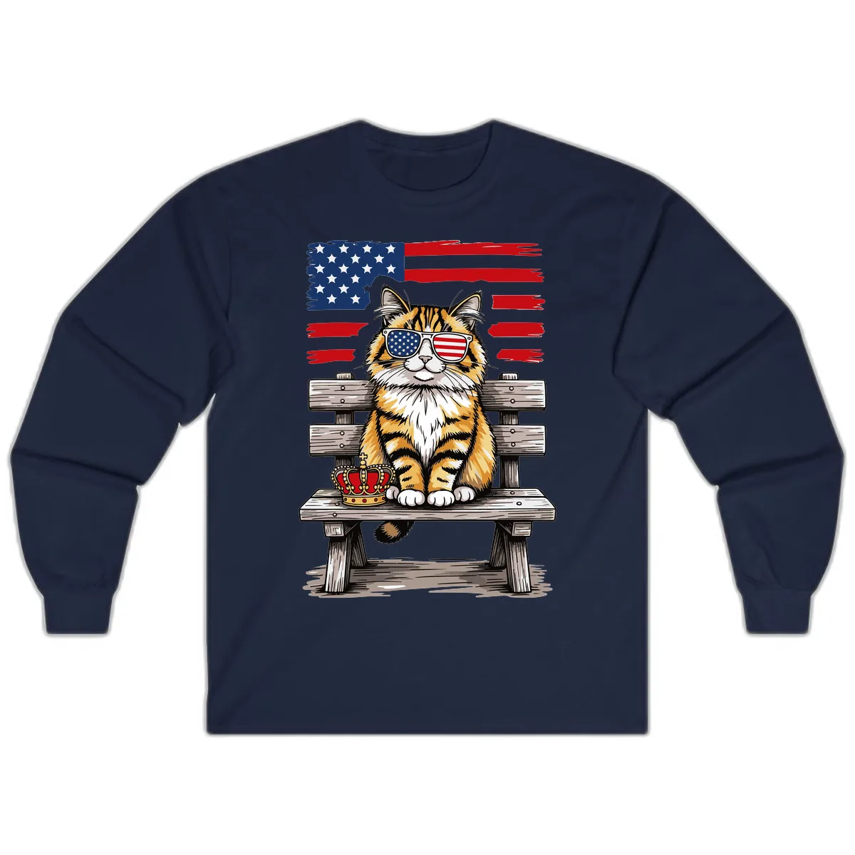 Patriotic Tabby Cat with Crown and American Flag Long Sleeve in Navy