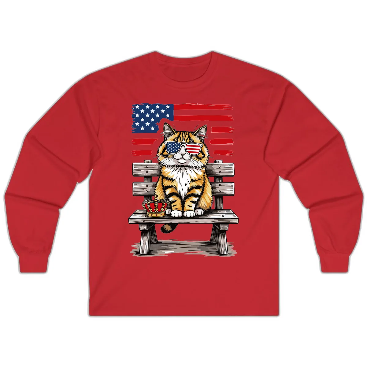 Patriotic Tabby Cat with Crown and American Flag Long Sleeve in Red