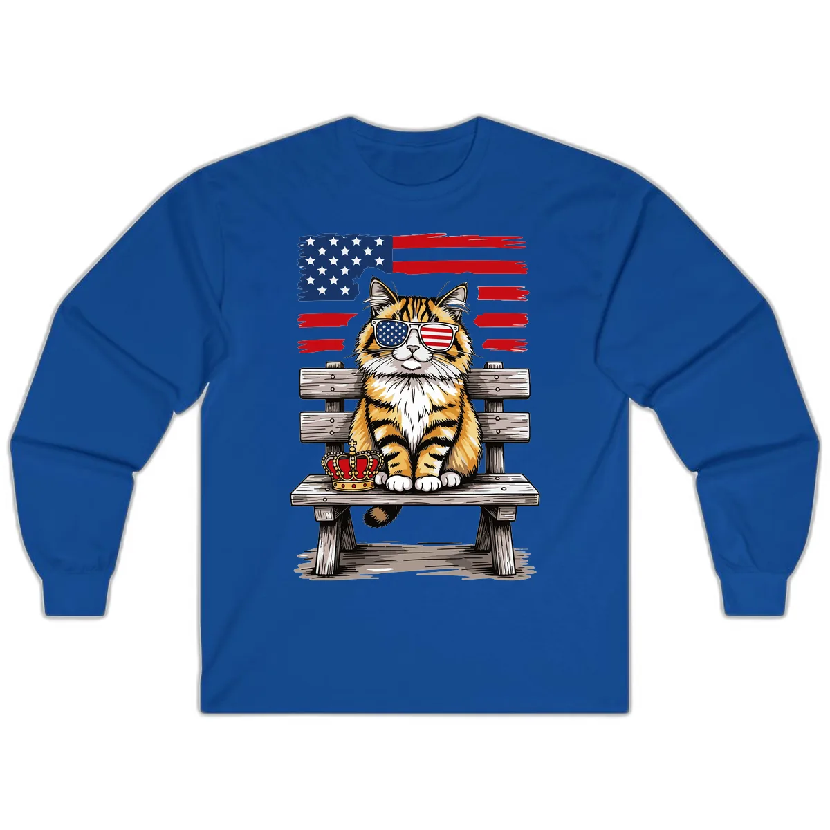 Patriotic Tabby Cat with Crown and American Flag Long Sleeve in Royal