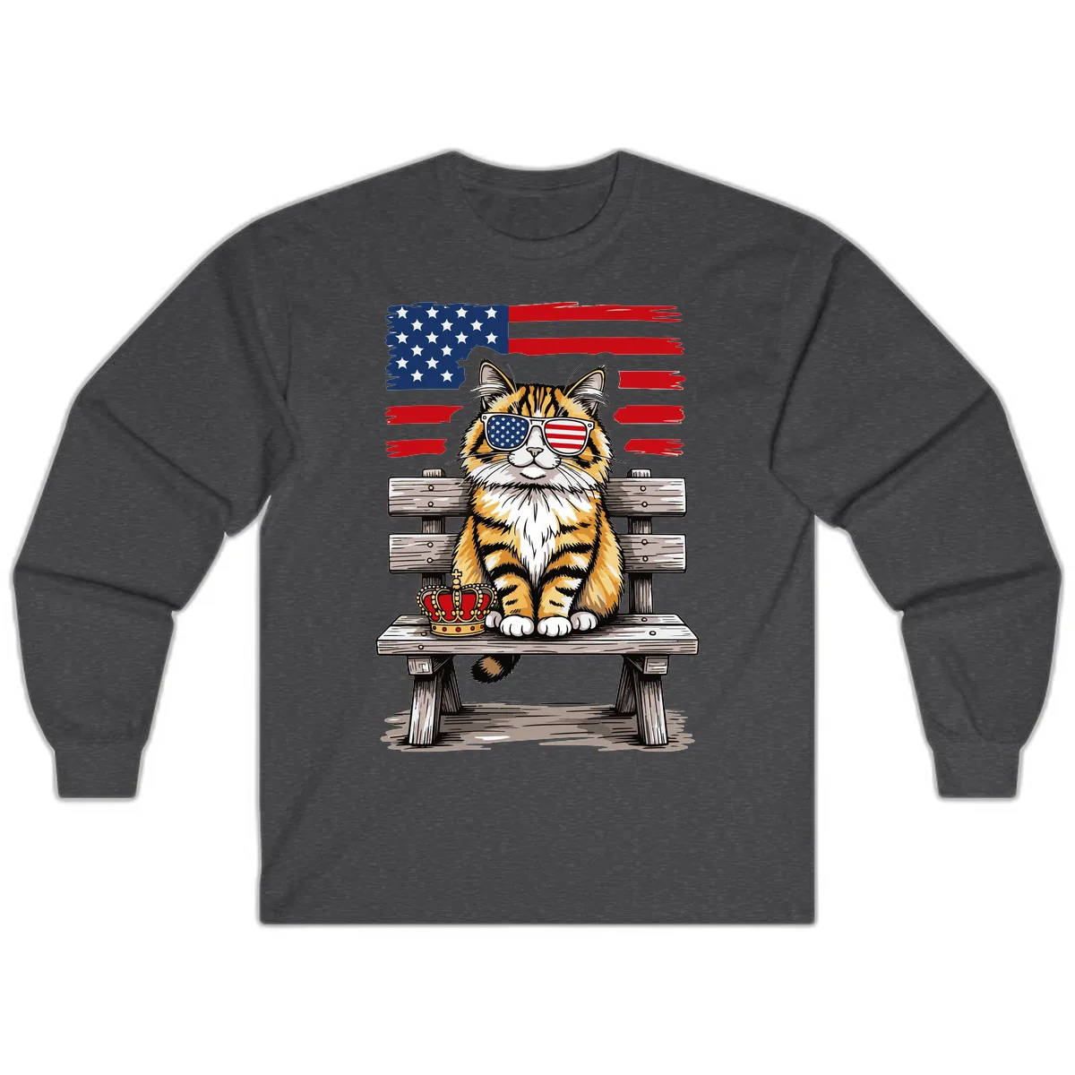 Patriotic Tabby Cat with Crown and American Flag Long Sleeve in Dark Heather