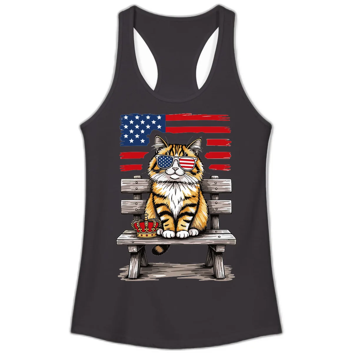 Patriotic Tabby Cat with Crown and American Flag Ladies Tank in Black