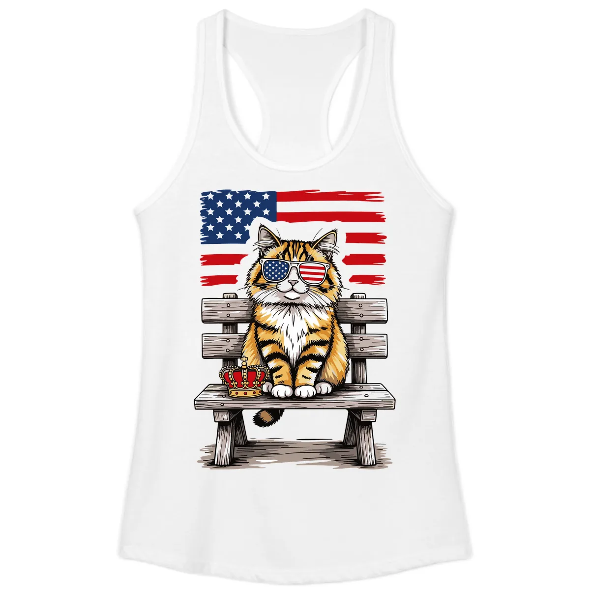 Patriotic Tabby Cat with Crown and American Flag Ladies Tank in White