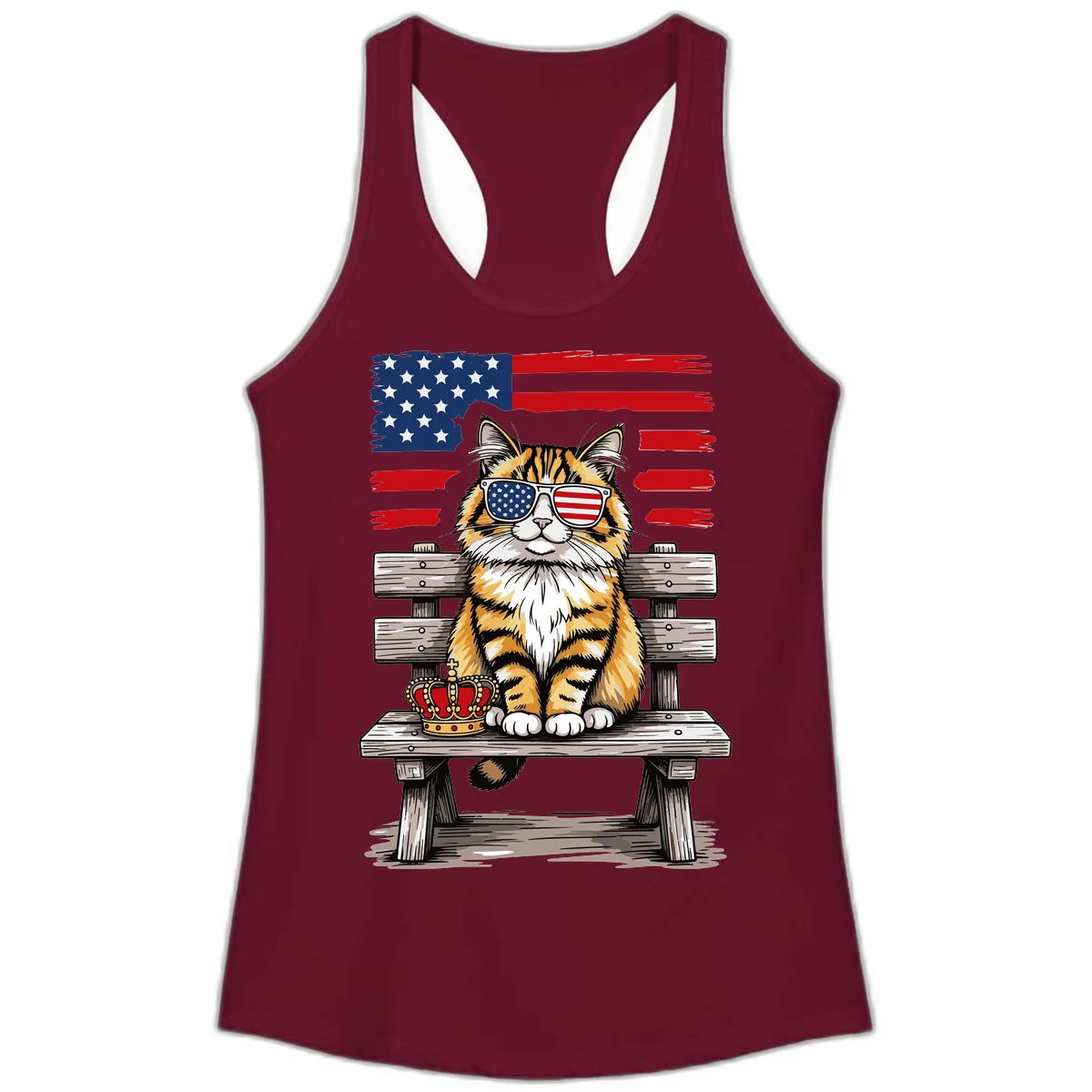 Patriotic Tabby Cat with Crown and American Flag Ladies Tank in Solid Cardinal Red