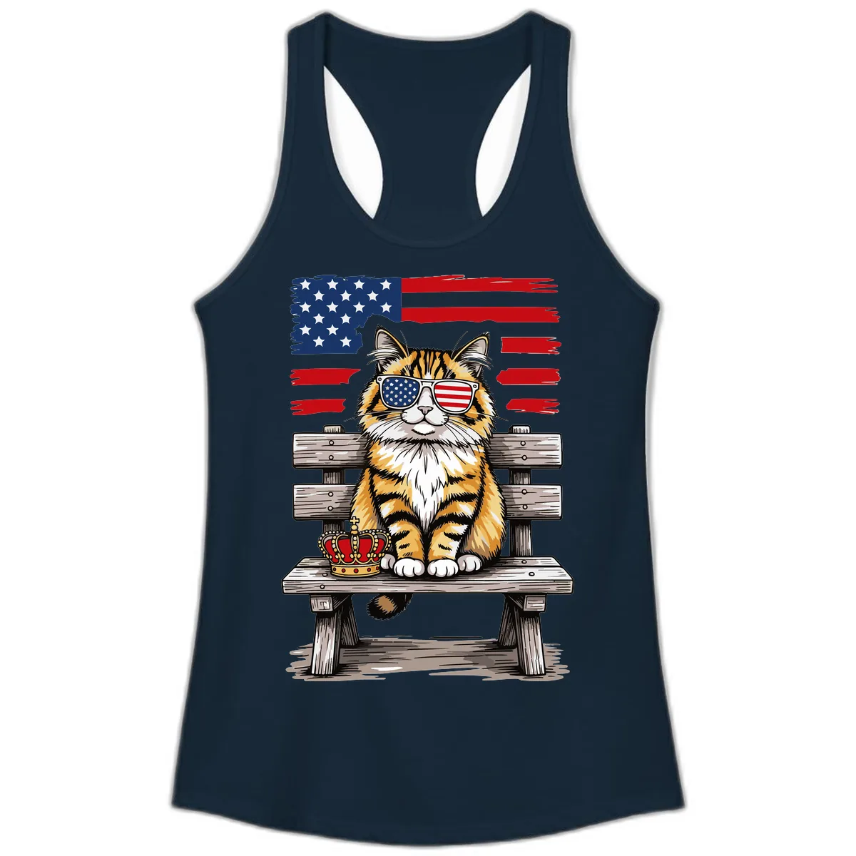Patriotic Tabby Cat with Crown and American Flag Ladies Tank in Solid Midnight Navy