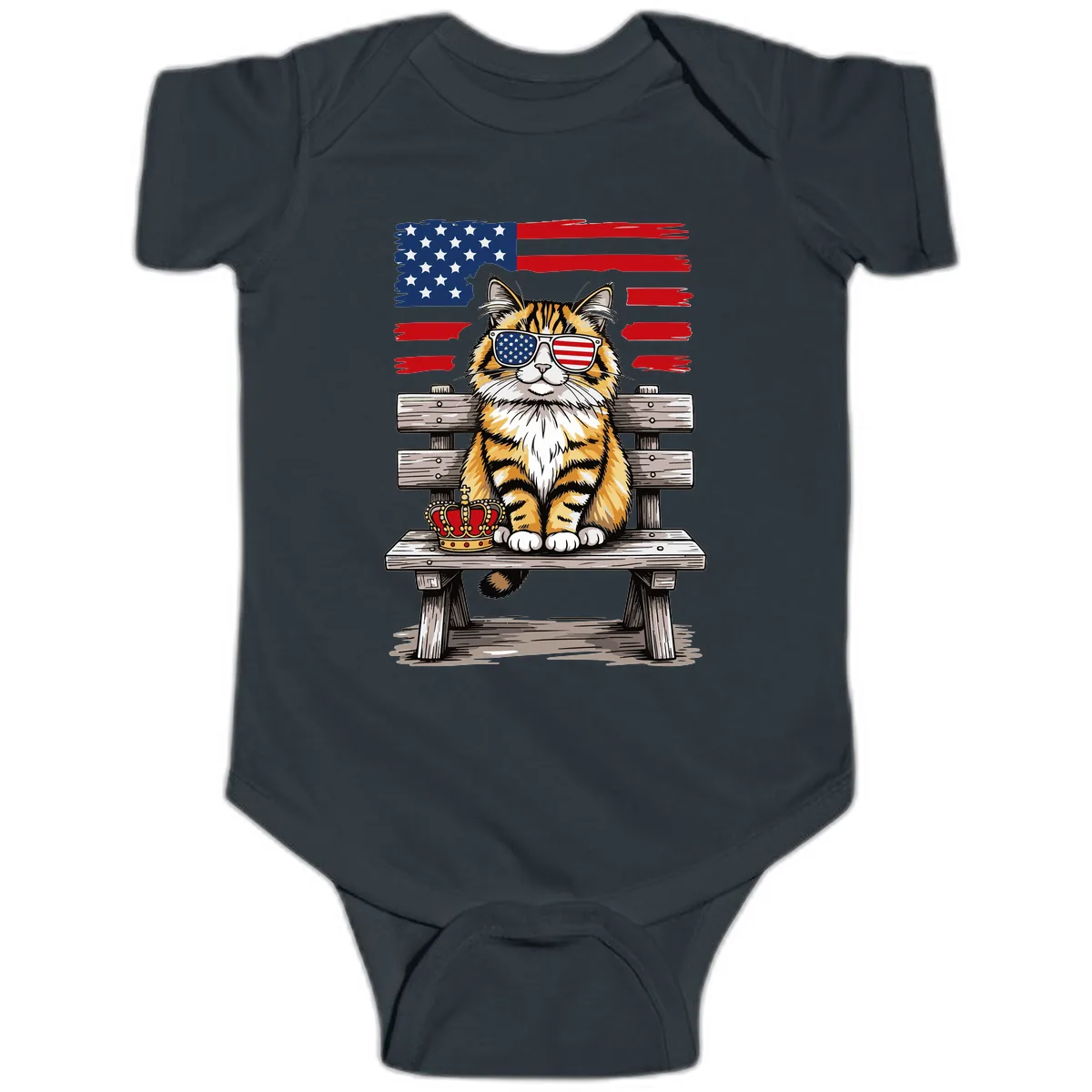 Patriotic Tabby Cat with Crown and American Flag Baby Onesie in Black