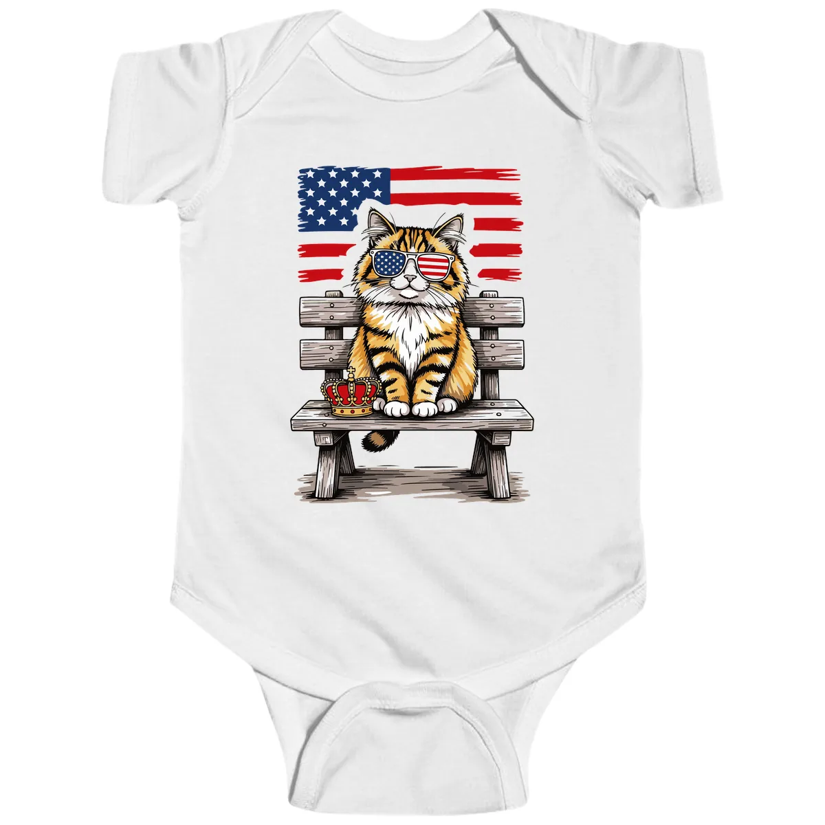 Patriotic Tabby Cat with Crown and American Flag Baby Onesie in White