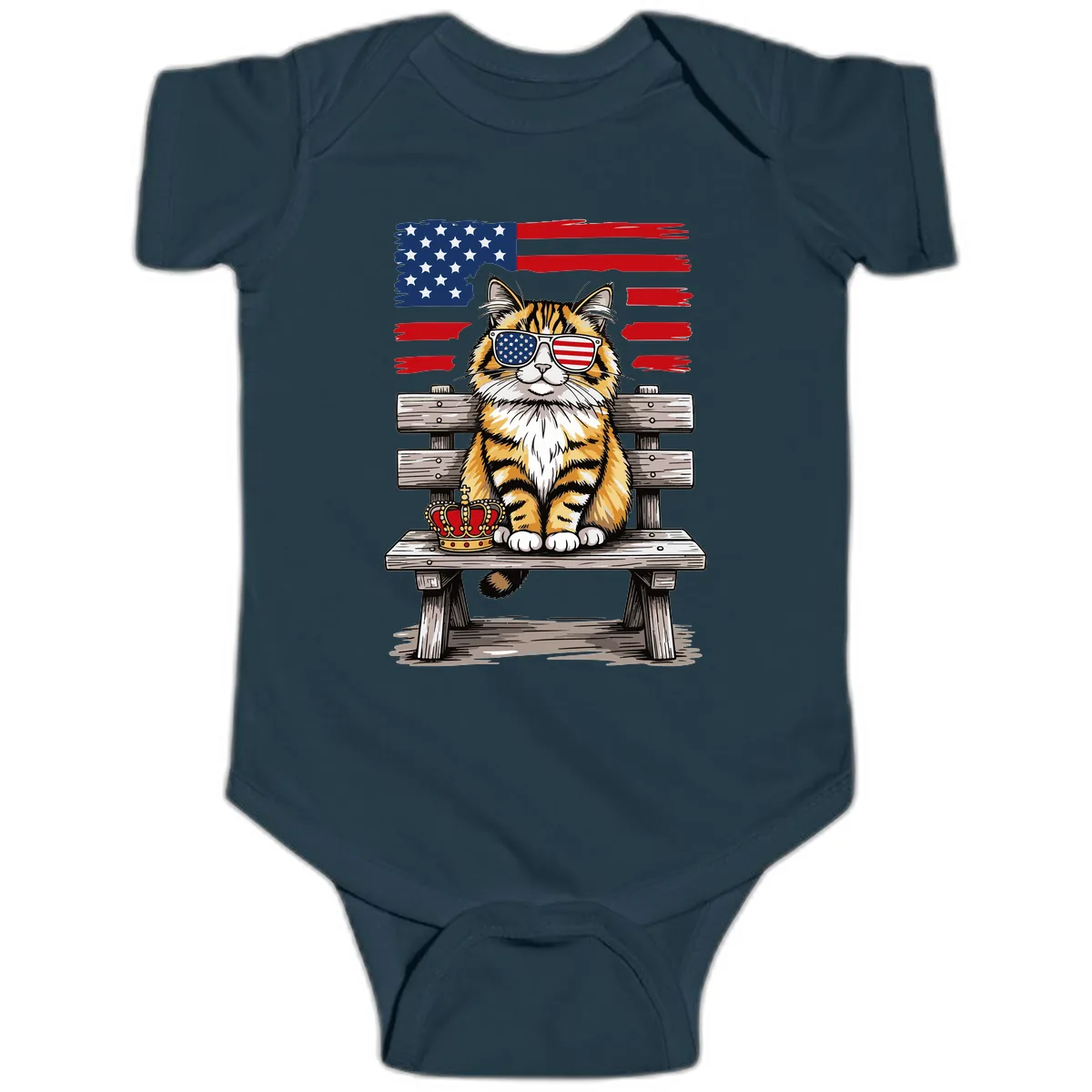 Patriotic Tabby Cat with Crown and American Flag Baby Onesie in Navy