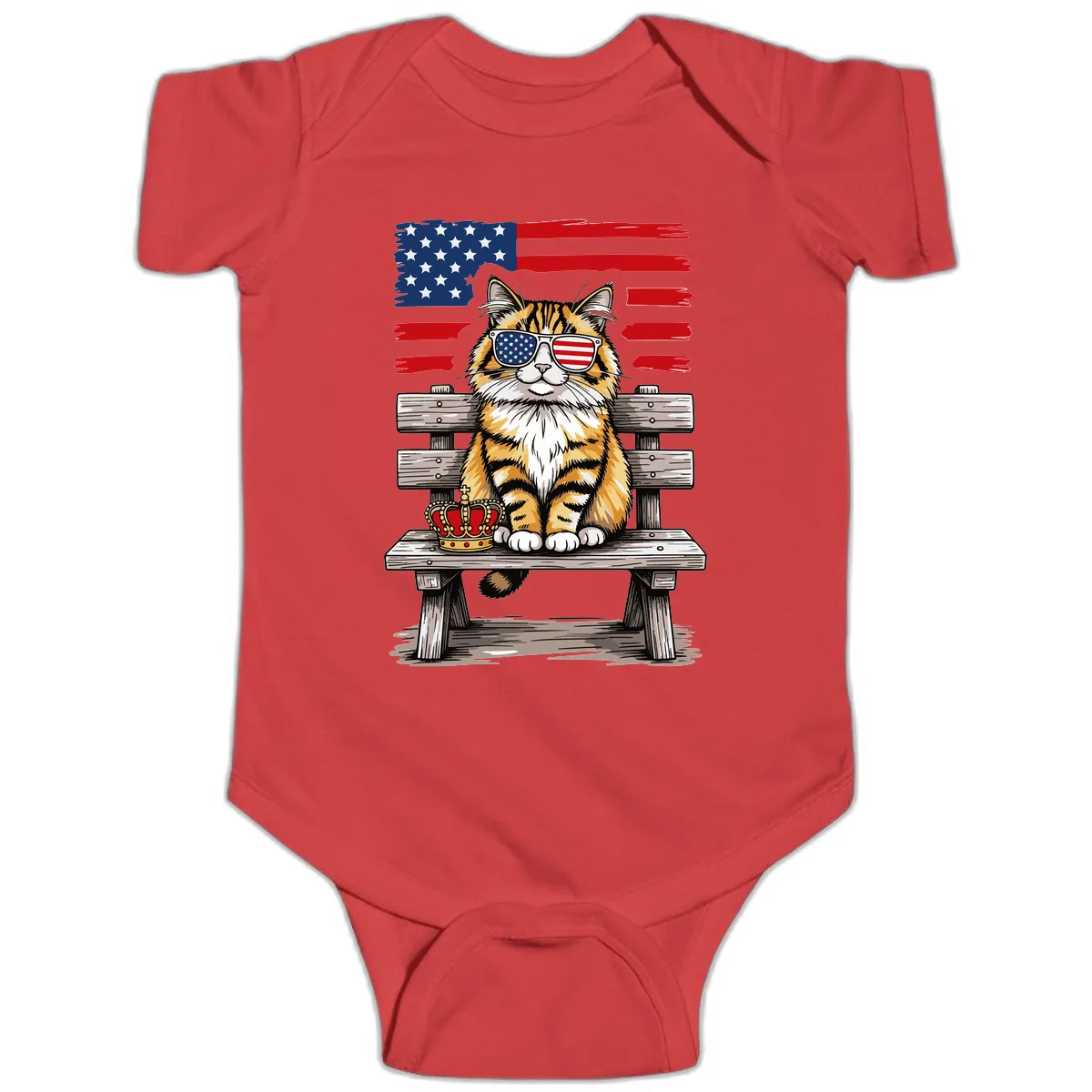 Patriotic Tabby Cat with Crown and American Flag Baby Onesie in Red