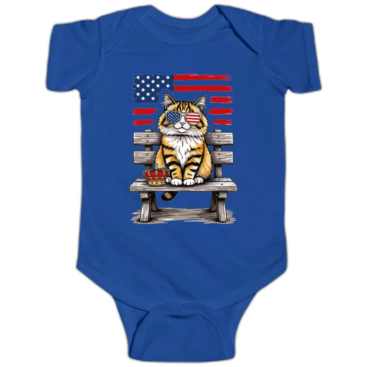 Patriotic Tabby Cat with Crown and American Flag Baby Onesie in Royal