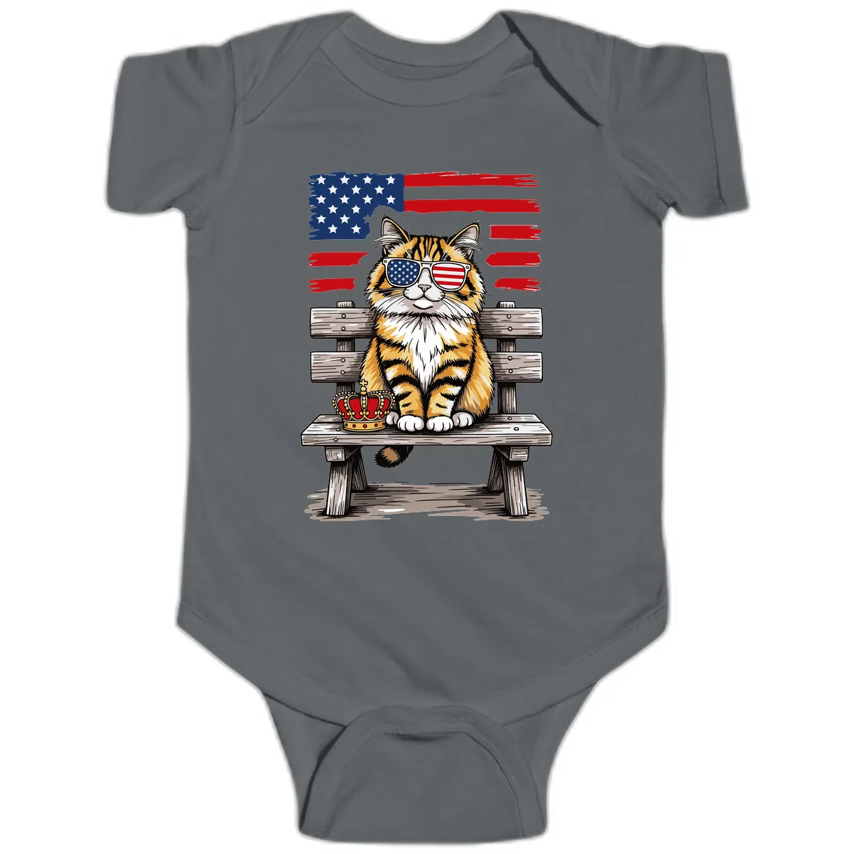 Patriotic Tabby Cat with Crown and American Flag Baby Onesie in Charcoal
