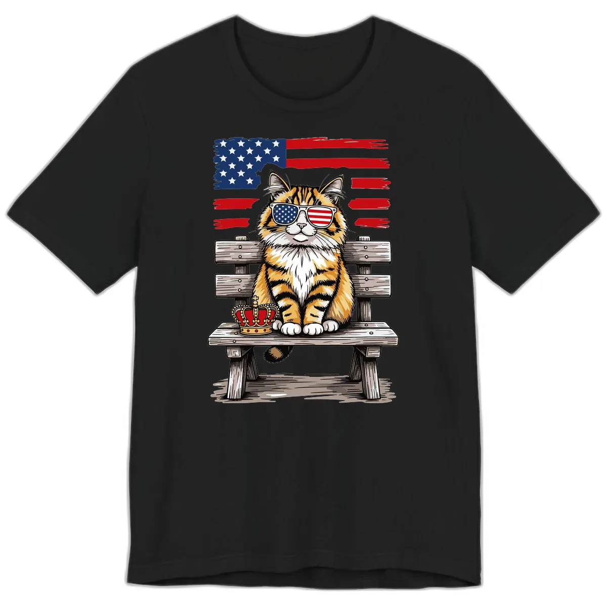 Patriotic Tabby Cat with Crown and American Flag Premium T-Shirt in Black