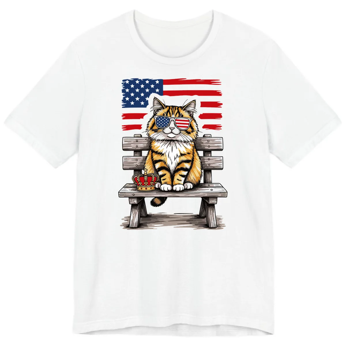 Patriotic Tabby Cat with Crown and American Flag Premium T-Shirt in White