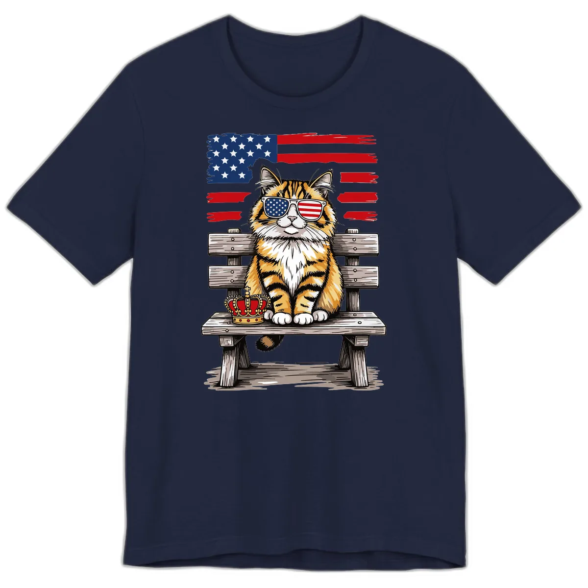 Patriotic Tabby Cat with Crown and American Flag Premium T-Shirt in Navy