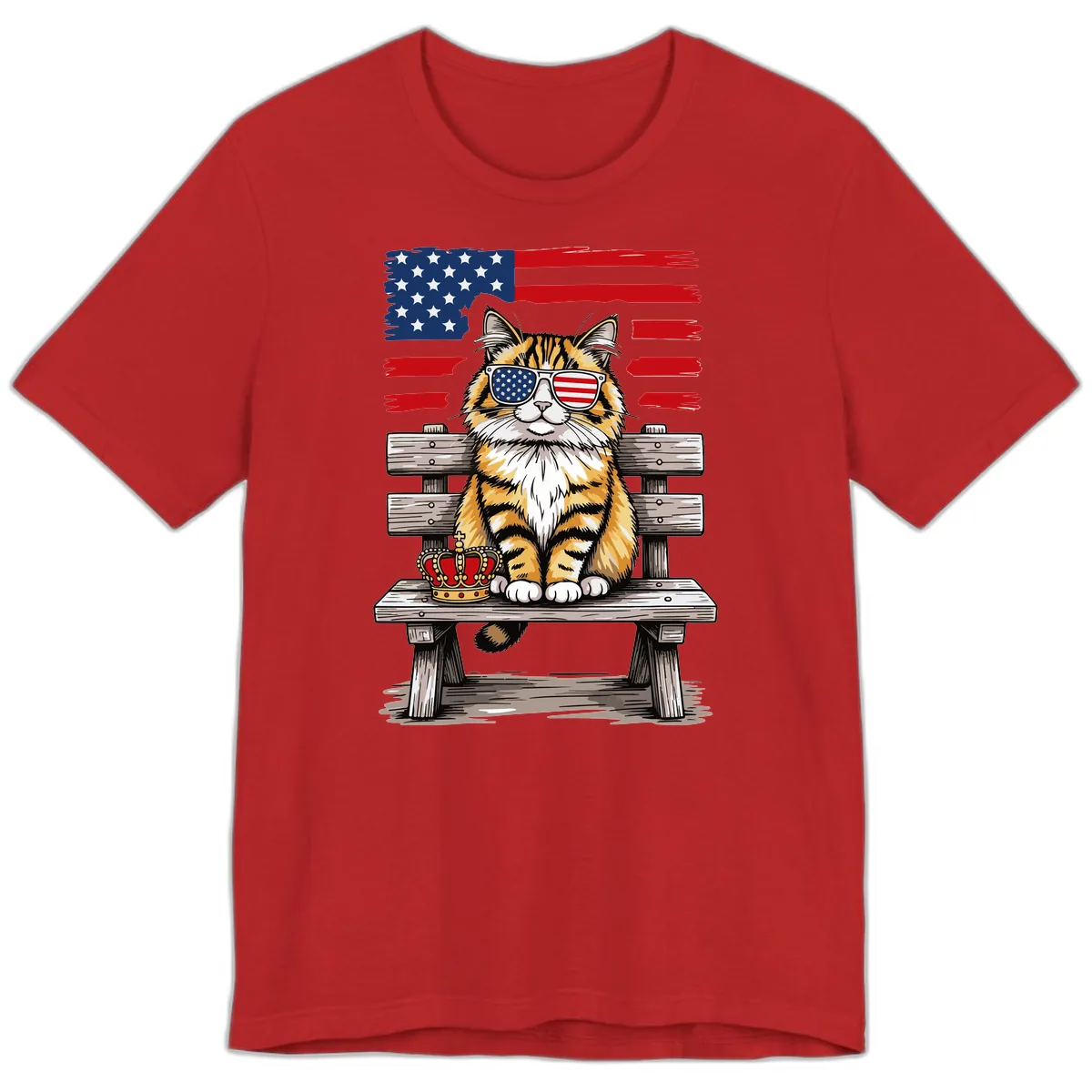 Patriotic Tabby Cat with Crown and American Flag Premium T-Shirt in Red