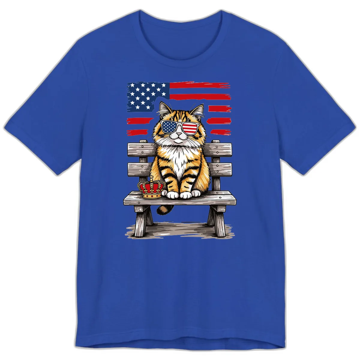 Patriotic Tabby Cat with Crown and American Flag Premium T-Shirt in True Royal