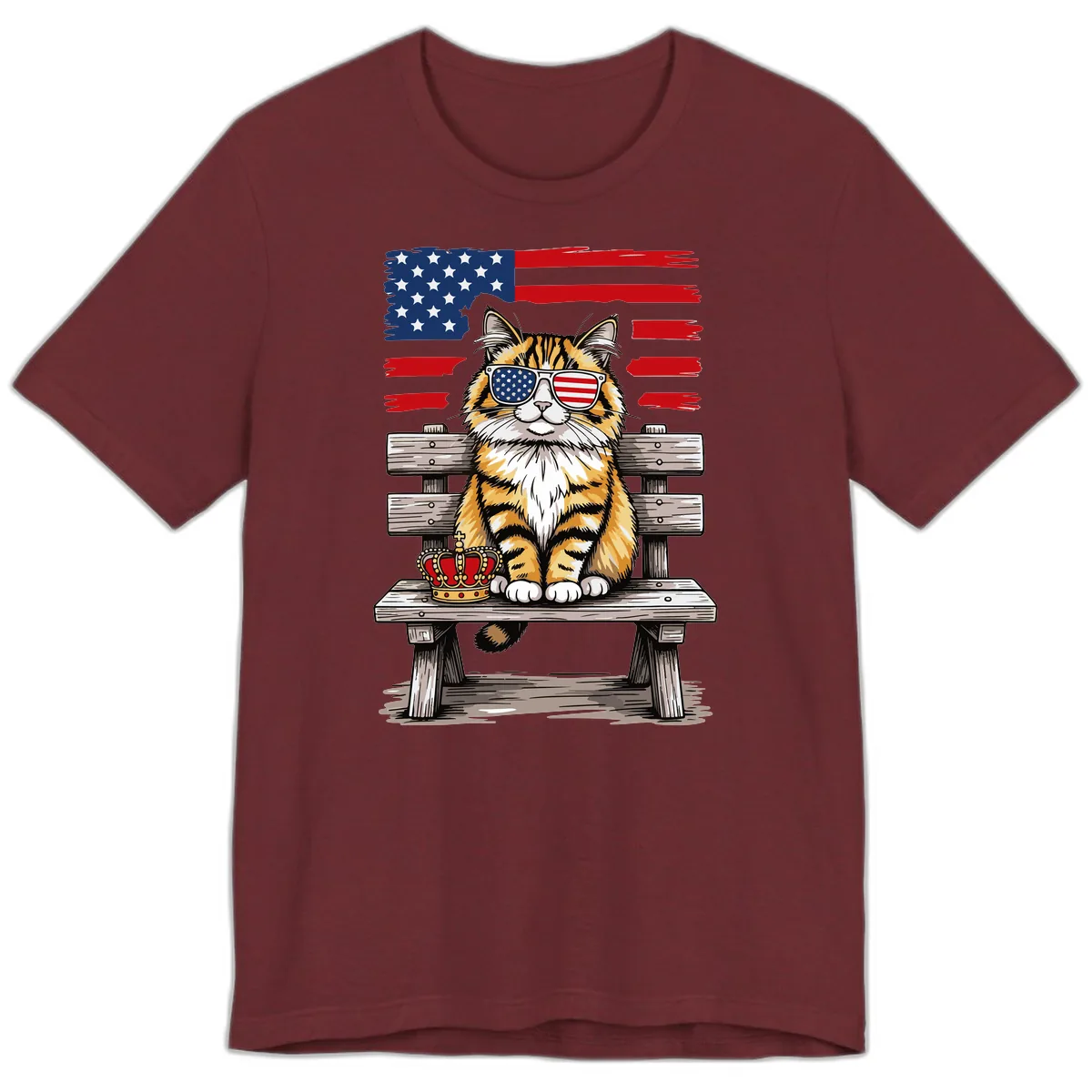 Patriotic Tabby Cat with Crown and American Flag Premium T-Shirt in Heather Cardinal