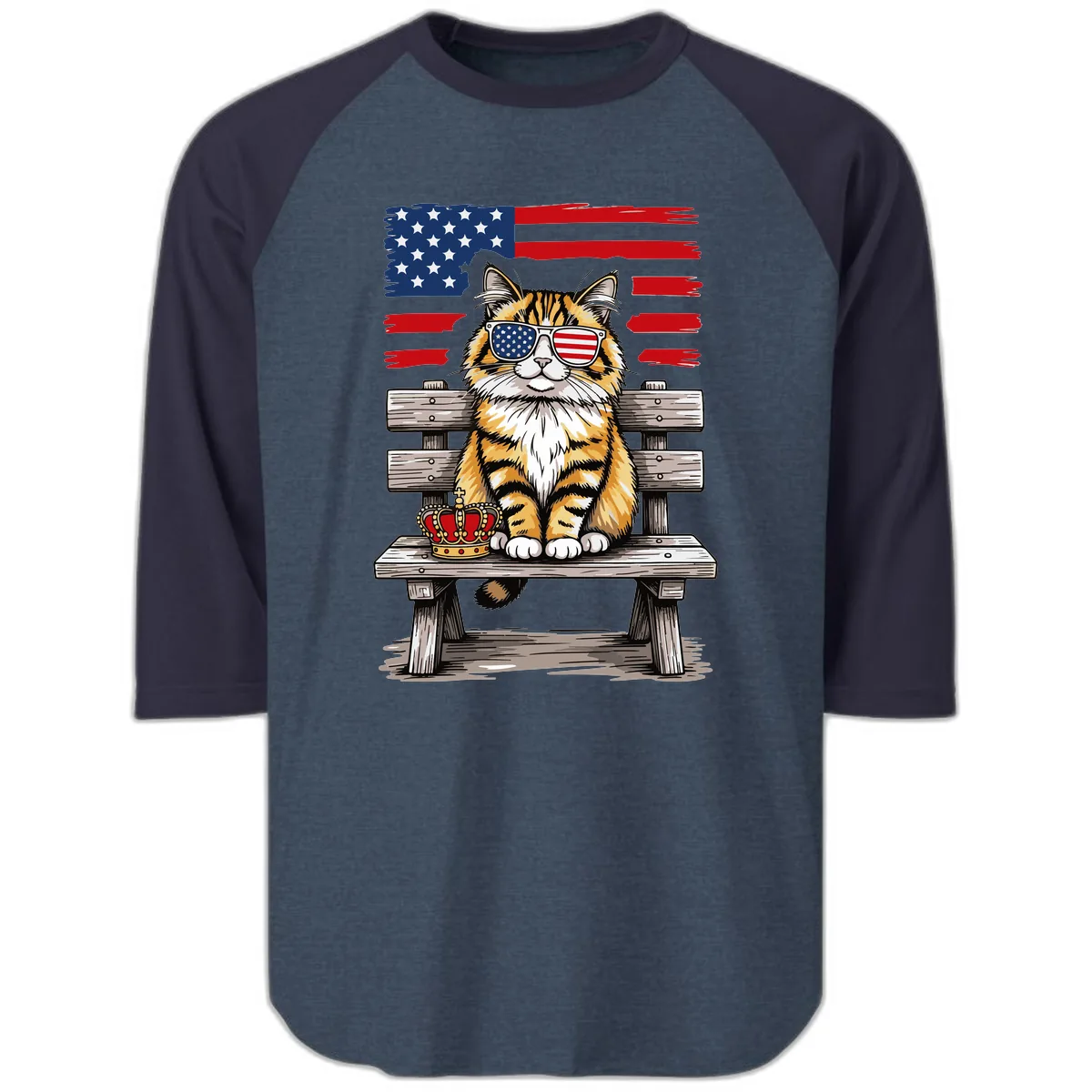 Patriotic Tabby Cat with Crown and American Flag Raglan 3/4 in Heather Denim Navy