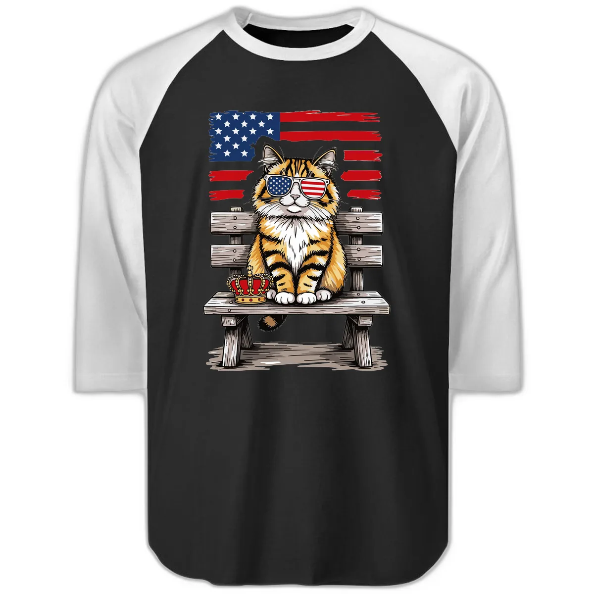 Patriotic Tabby Cat with Crown and American Flag Raglan 3/4 in Black White
