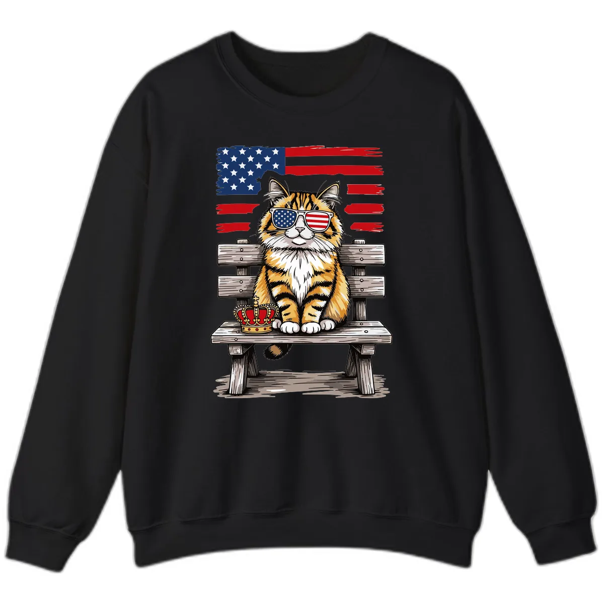 Patriotic Tabby Cat with Crown and American Flag Sweatshirt in Black