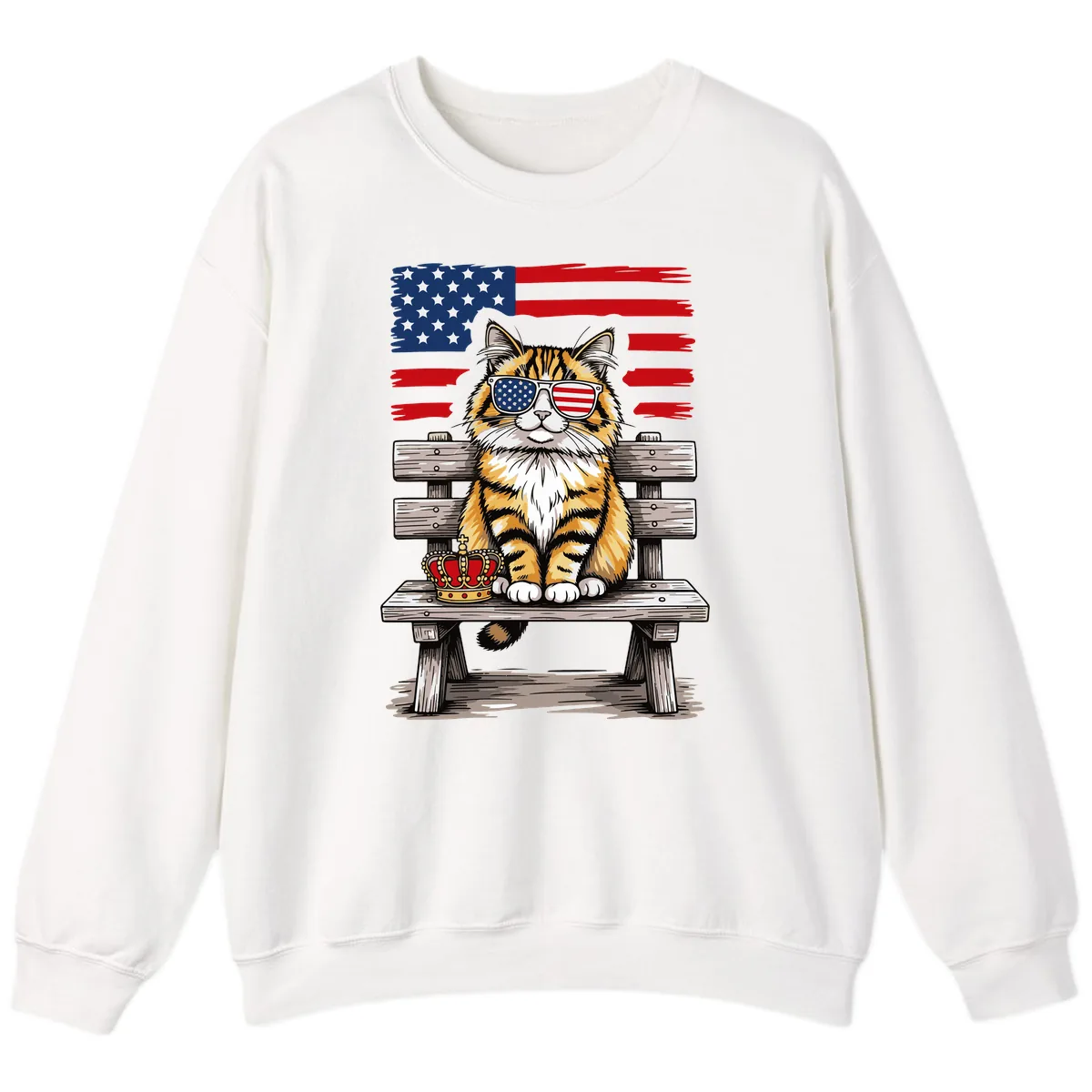 Patriotic Tabby Cat with Crown and American Flag Sweatshirt in White