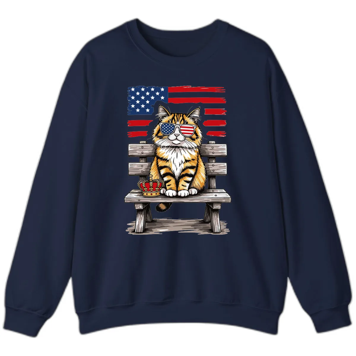 Patriotic Tabby Cat with Crown and American Flag Sweatshirt in Navy