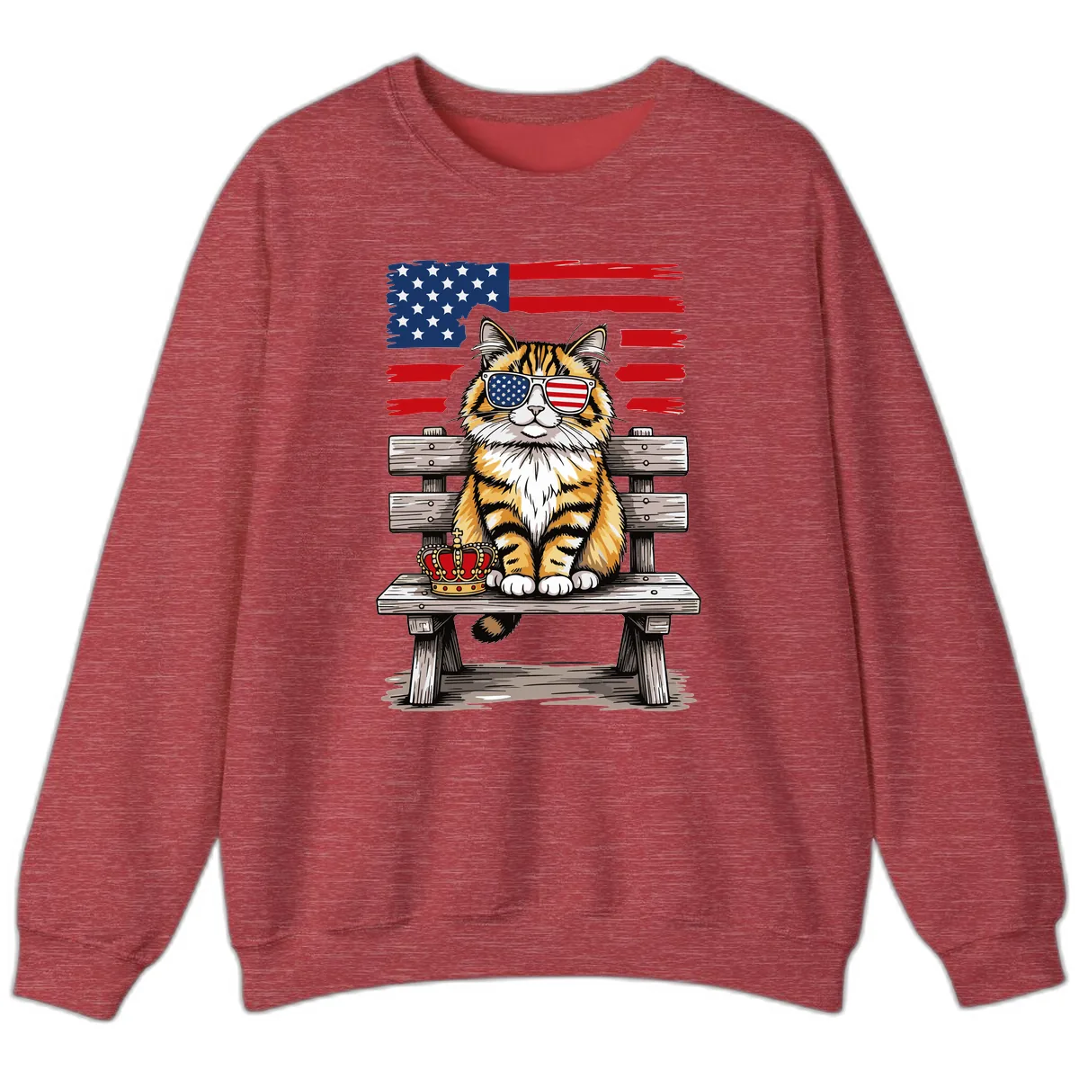 Patriotic Tabby Cat with Crown and American Flag Sweatshirt in Heather Scarlet Red