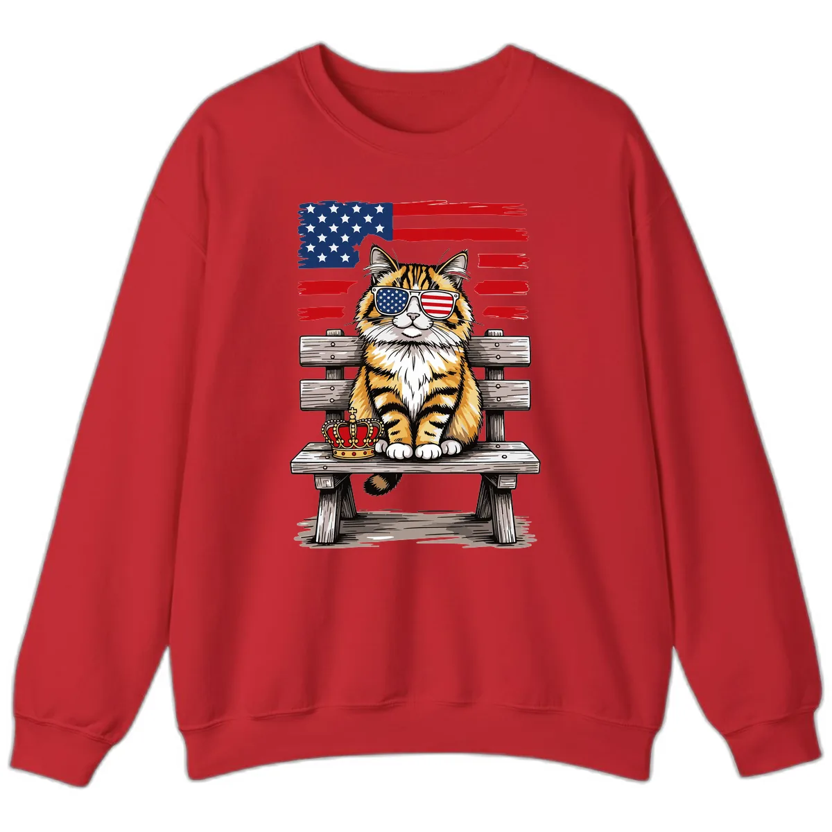 Patriotic Tabby Cat with Crown and American Flag Sweatshirt in Red
