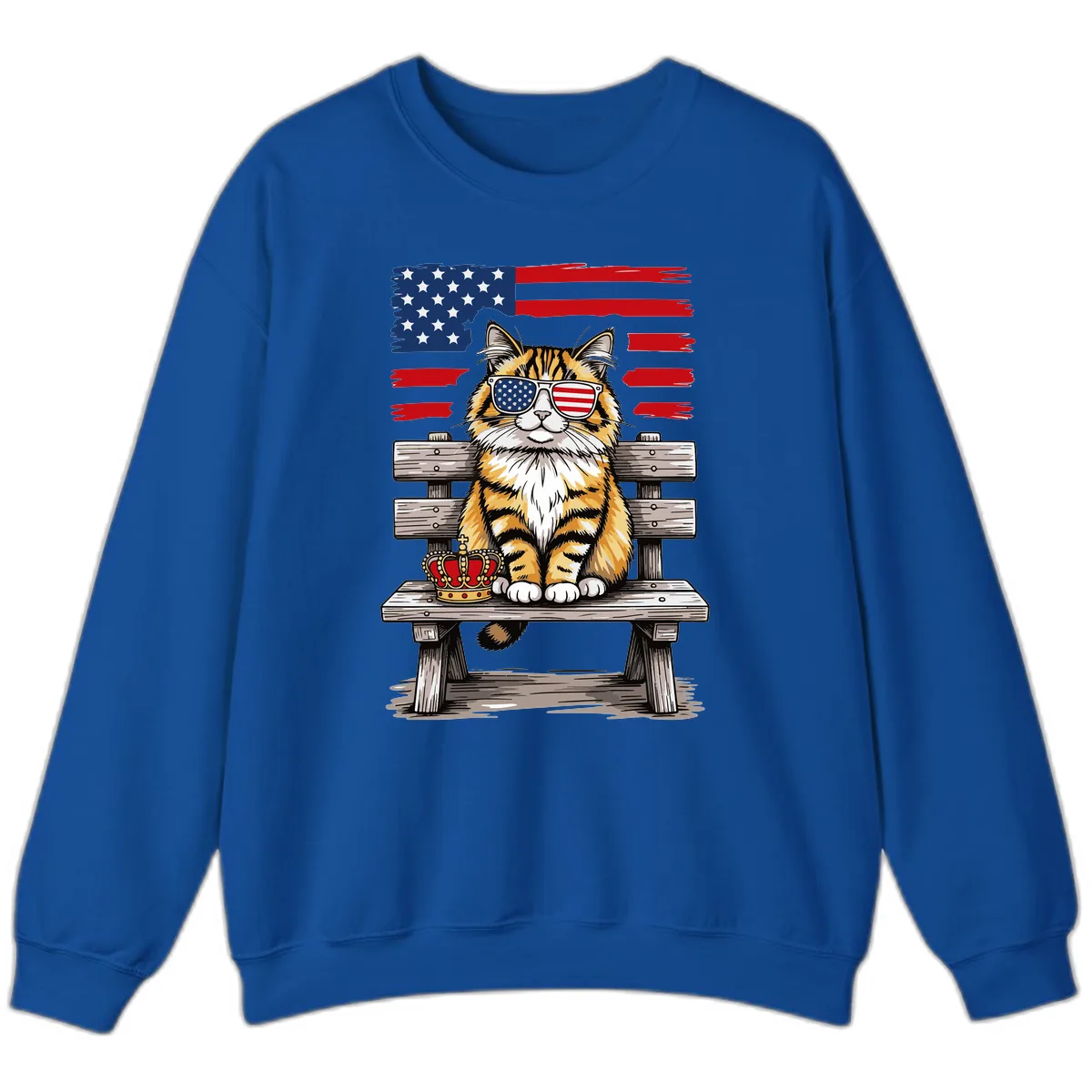 Patriotic Tabby Cat with Crown and American Flag Sweatshirt in Royal
