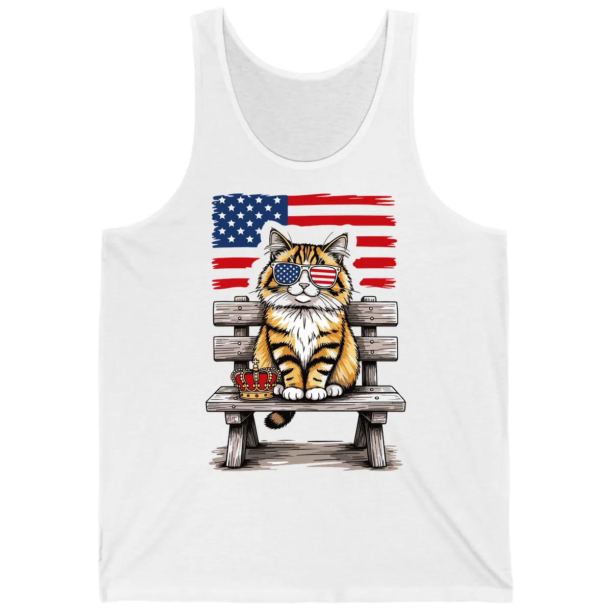 Patriotic Tabby Cat with Crown and American Flag Tank in White