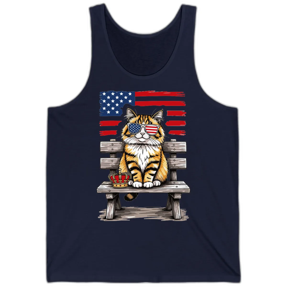 Patriotic Tabby Cat with Crown and American Flag Tank in Navy