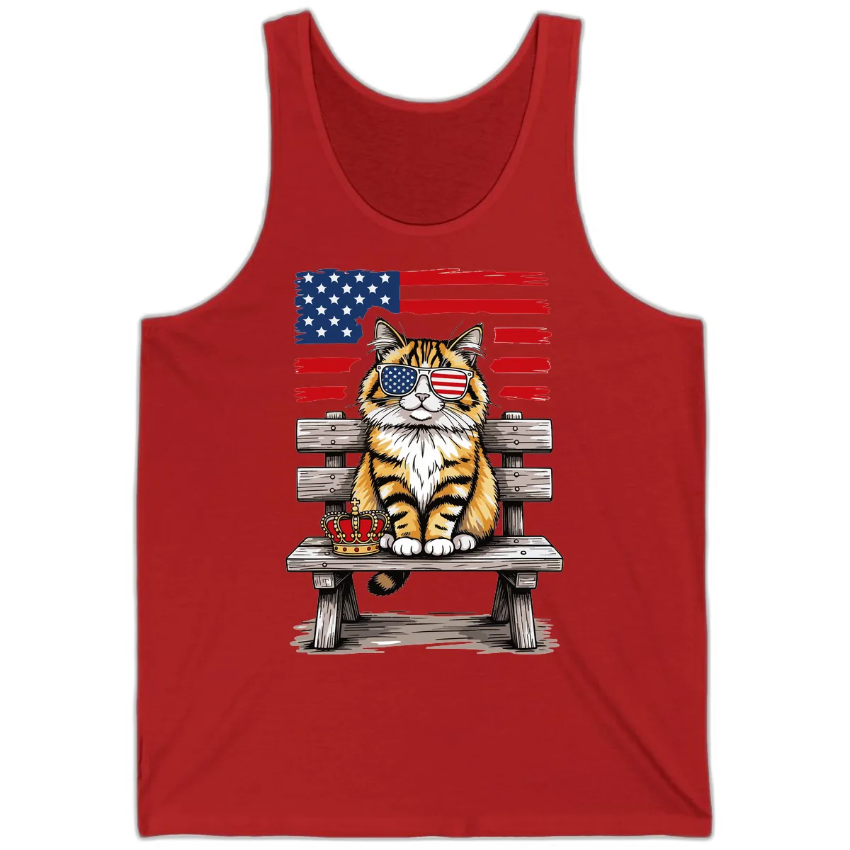 Patriotic Tabby Cat with Crown and American Flag Tank in Red
