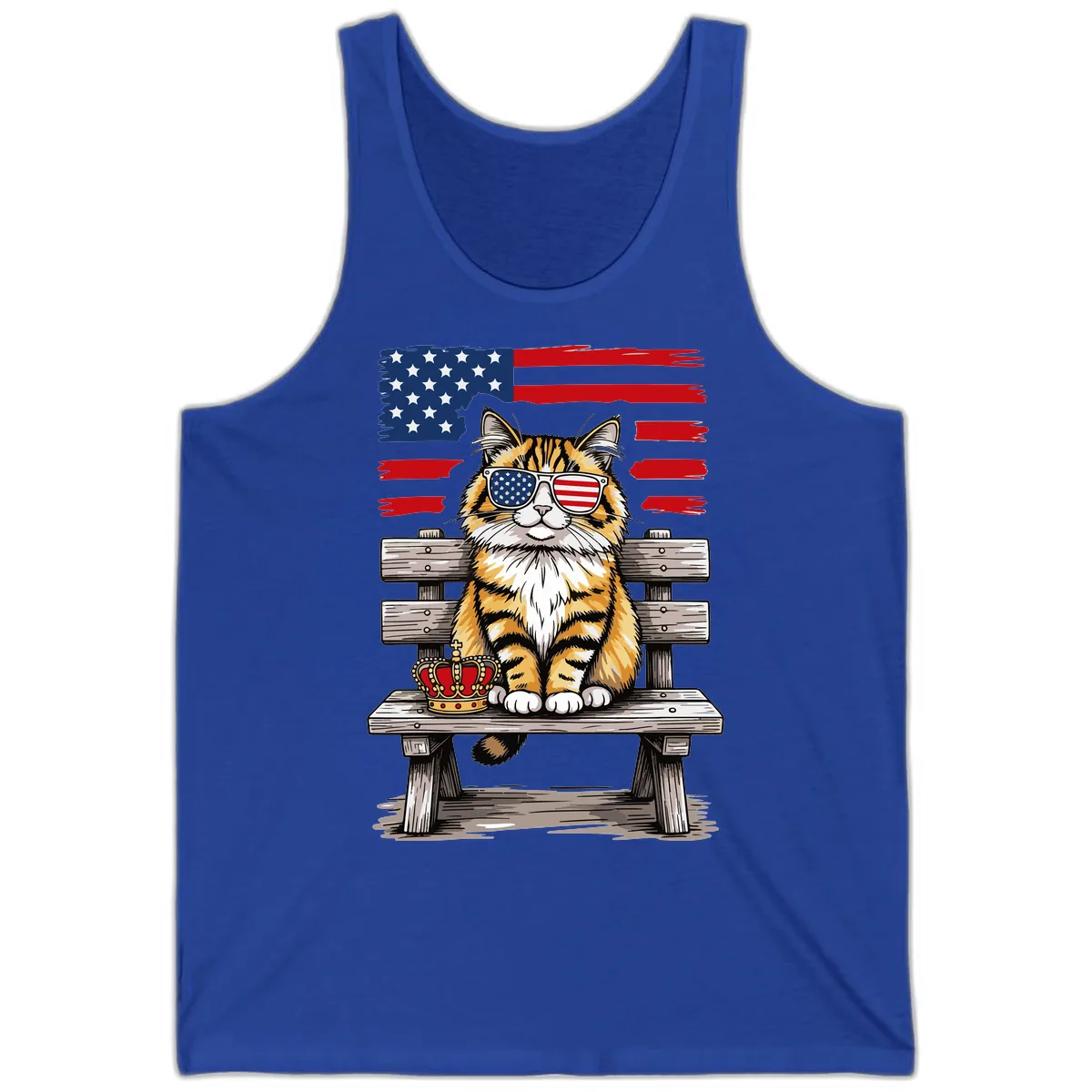 Patriotic Tabby Cat with Crown and American Flag Tank in True Royal