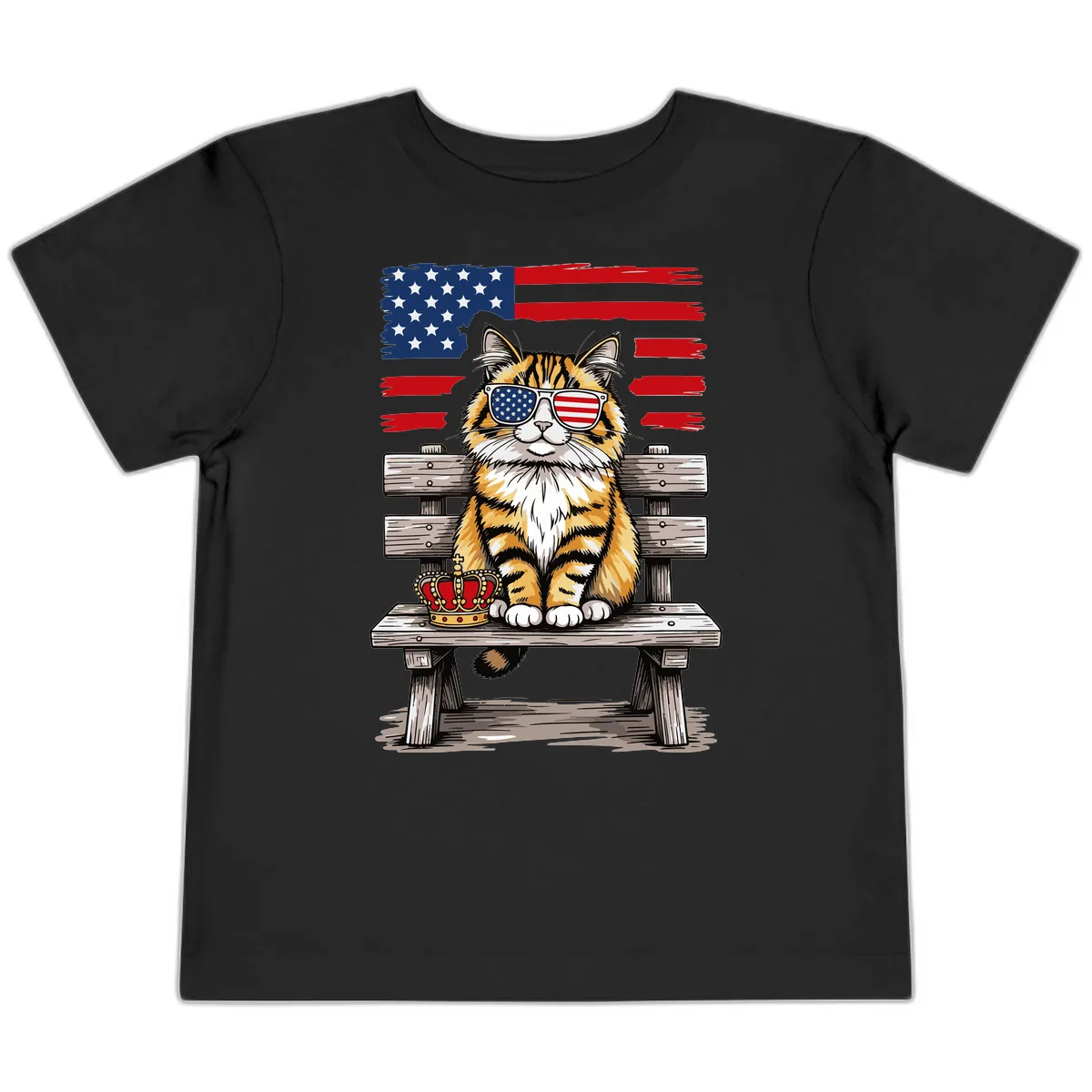 Patriotic Tabby Cat with Crown and American Flag Toddler T-Shirt in Black