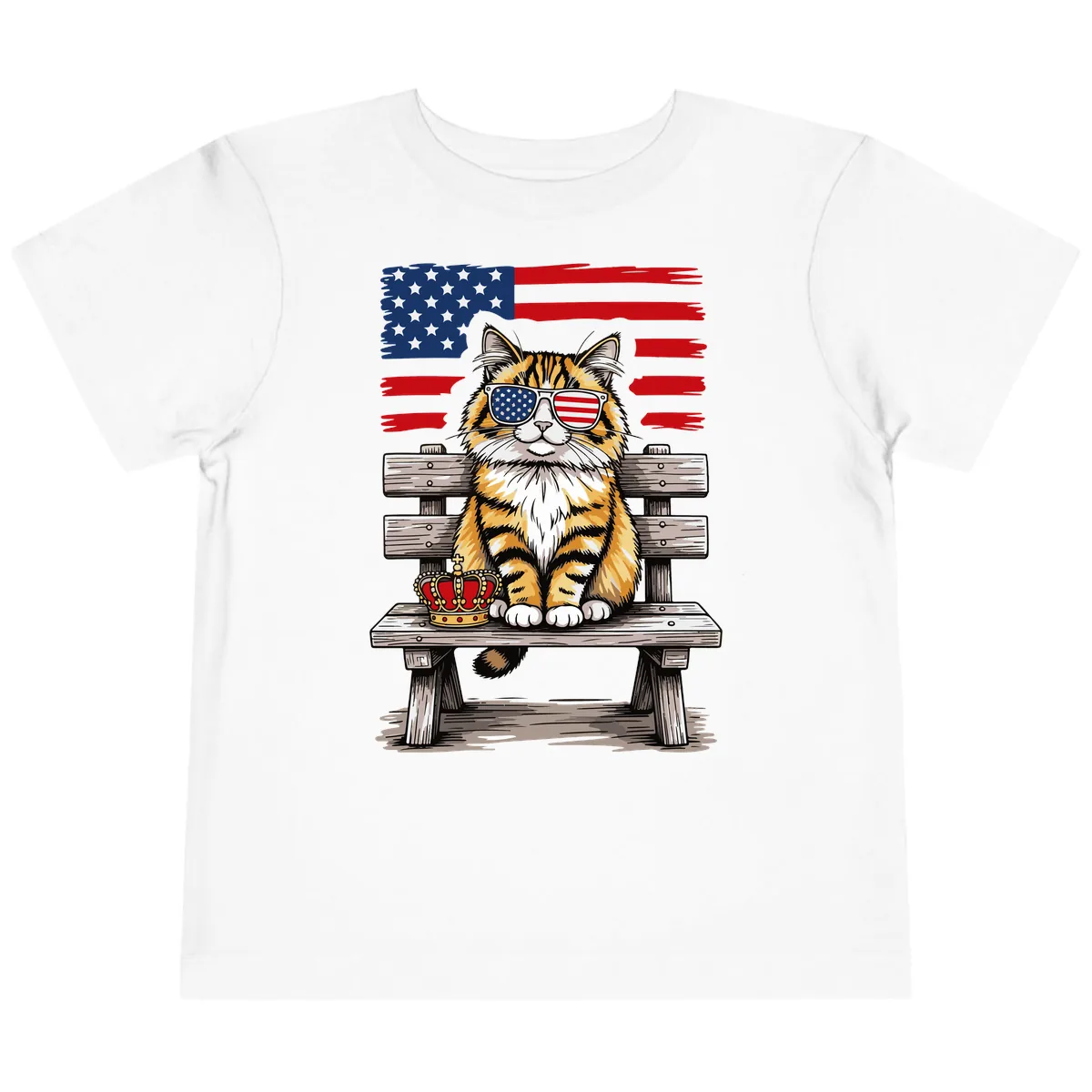 Patriotic Tabby Cat with Crown and American Flag Toddler T-Shirt in White