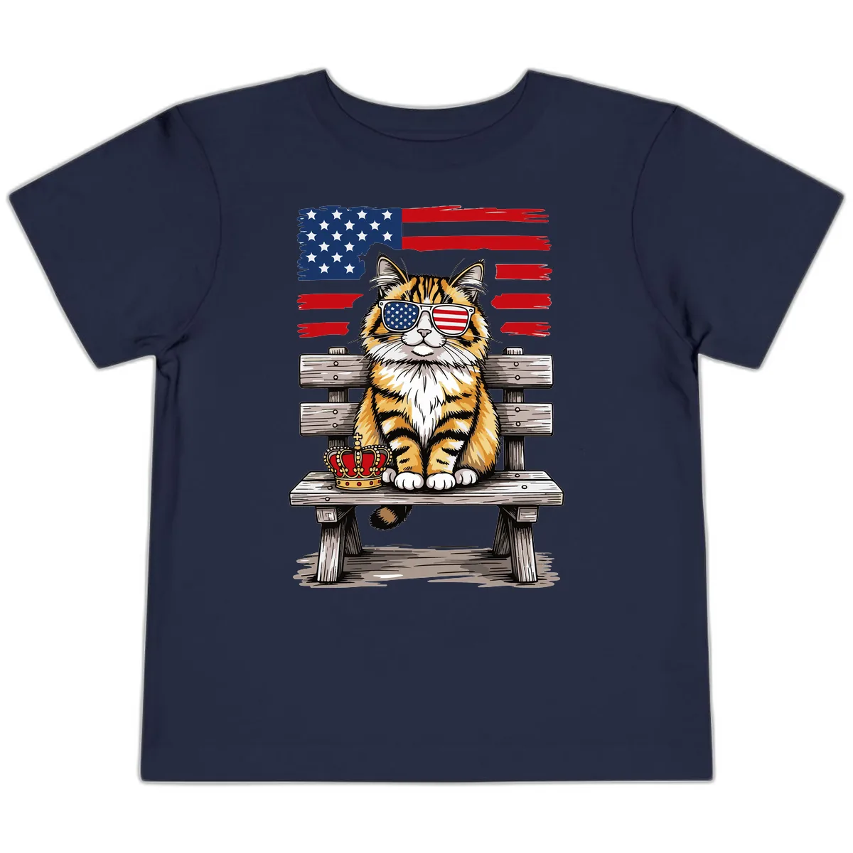 Patriotic Tabby Cat with Crown and American Flag Toddler T-Shirt in Navy