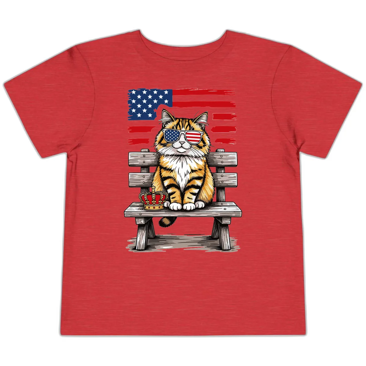 Patriotic Tabby Cat with Crown and American Flag Toddler T-Shirt in Heather Red