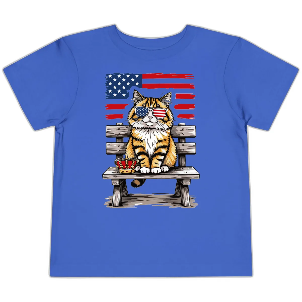 Patriotic Tabby Cat with Crown and American Flag Toddler T-Shirt in True Royal