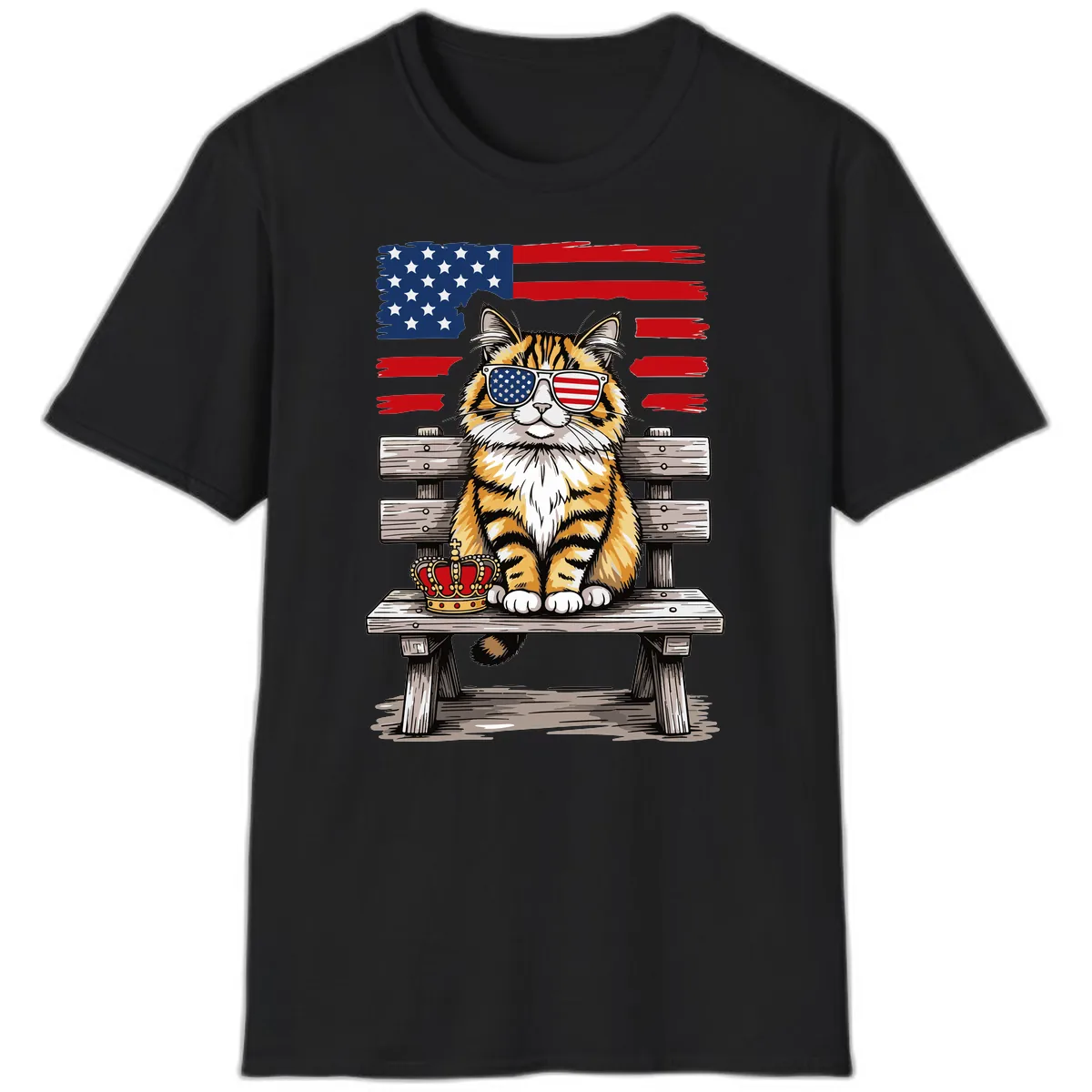 Patriotic Tabby Cat with Crown and American Flag T-Shirt in Black