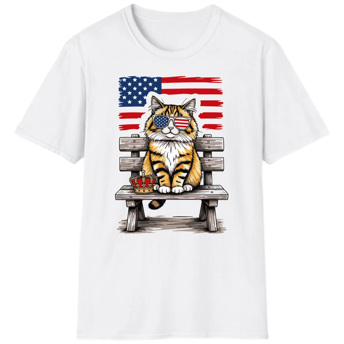 Patriotic Tabby Cat with Crown and American Flag T-Shirt in White
