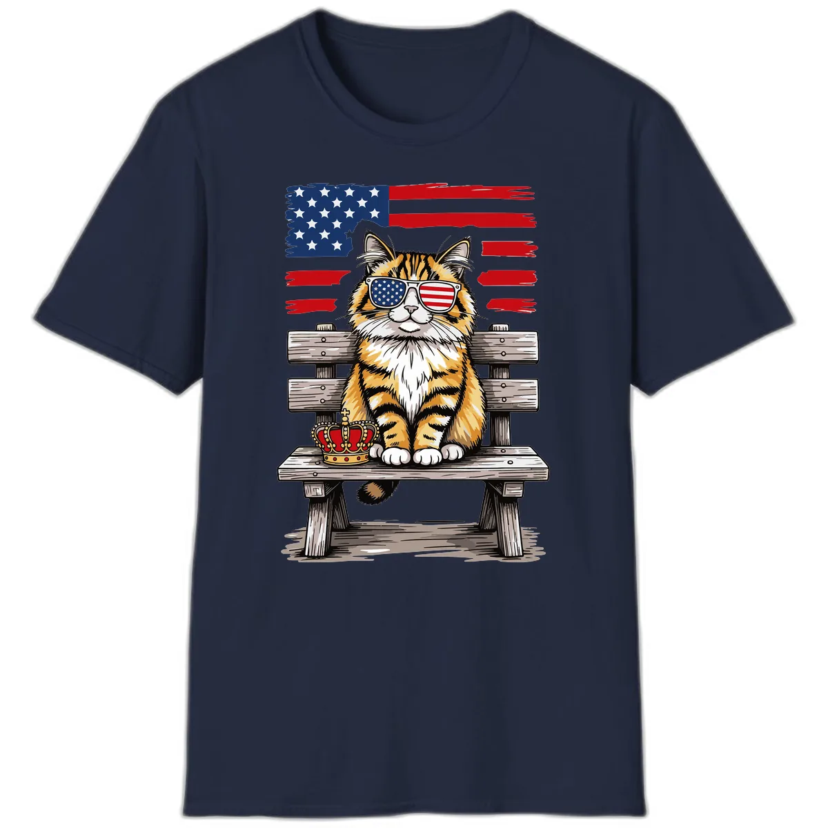 Patriotic Tabby Cat with Crown and American Flag T-Shirt in Navy